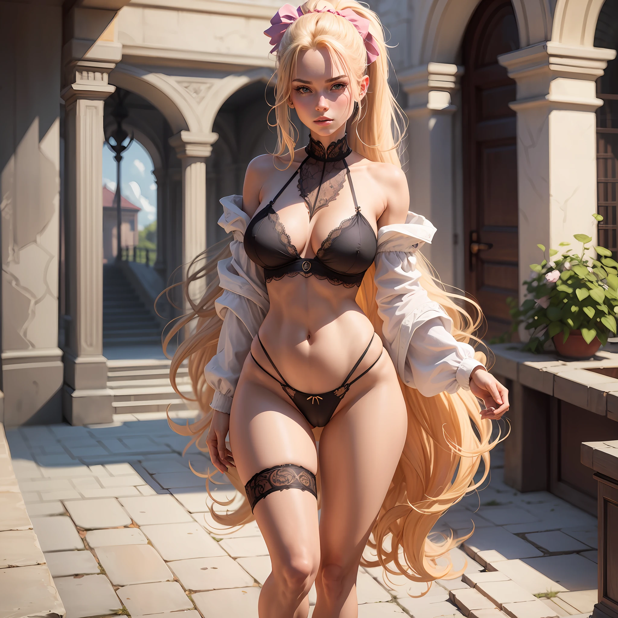 18-year-old blonde, full body, full body, whole body, full body image, long hair larger than body, hair tied in a ponytail with a pink Xuxa, hair spread everywhere, perfect and balanced shoulder waist with the giant bust, outlined and slim waist, giant round hip, thick thighs, delicate and perfect feet, berloque on the shin, symmetrical and perfect face, visible ear, lace panties with intricate details, lace bra with intricate details, full body, ultra detailed image, 4k , seal of quality, artwork, masterpiece, real, realistic, realism, realistic stroke, realistic shading, realistic lighting, realistic colors --auto --s2