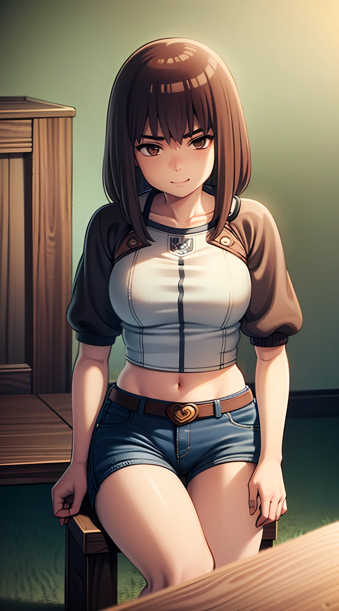 KIRUKO, 1 girl, masterpiece, solo, (best quality, perfect detailed, beautifully detailed face, detailed eyes), brown hair, short pants, belt, jeans, brown eyes, day, denim, indoor, crop top shirt, smile, breasts, medium breasts, solo, sitting, chair, blush, shy,  short jeans pants, show stomach,