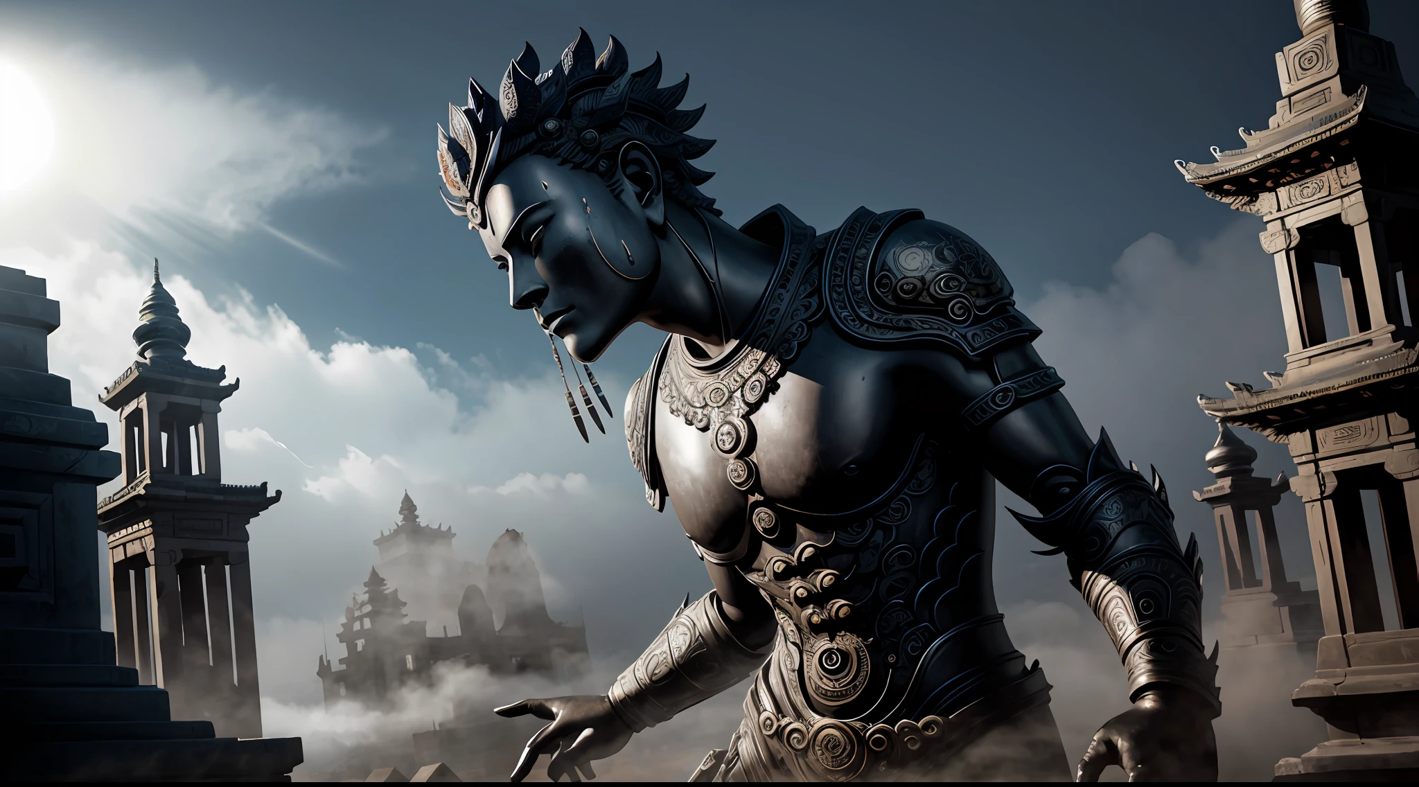 ancient landscape, bodhisattva with a thousand hands, temple, (mysterious black fog), journey to the west, ((corpse)), ((ancient monster)), (ruins), (battlefield)), (blood stain), glazed tile, Buddha statue, lantern, absurdity, realistic lighting, (abyss) masterpiece, high quality, beautiful graphics, high detail, dressed woman, extremely refined and beautiful, stunning, fine detail, masterpiece, hyperdetail, high resolution, (best illustration), (best shadow), intricate