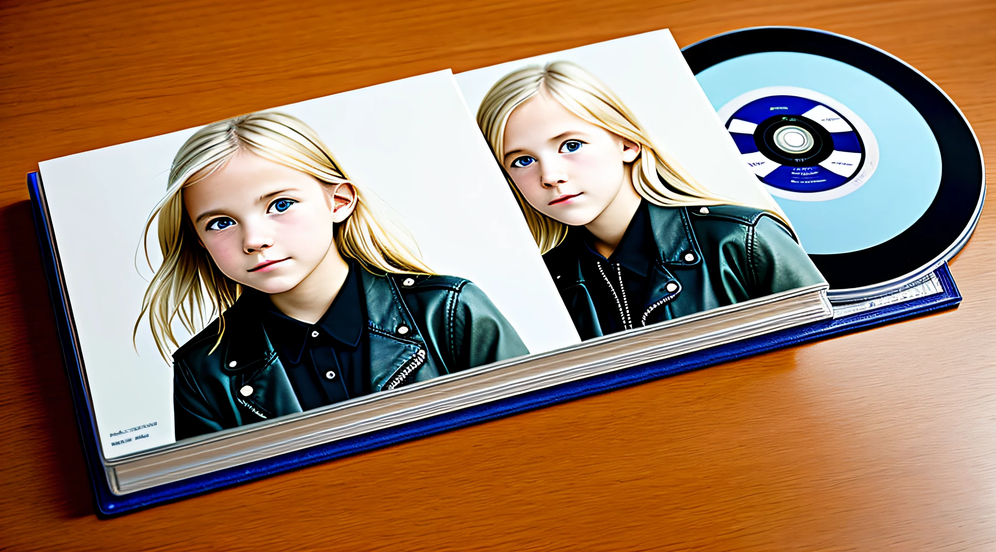 BLONDE GIRL  IN LEATHER JACKET , A closeup of a CD and a CD box on a table, Packshot, CDs, CD Jacket, DVD Package, Medium Close Shot, Detailed Product Image, Medium Wide Shot, Medium Closeup, Close Medium Shot, New Boards of Canada album cover, soft vinyl, round format, Boards of Canada album cover,  BLU - Ray Transfer 5 K, Fujifilm"