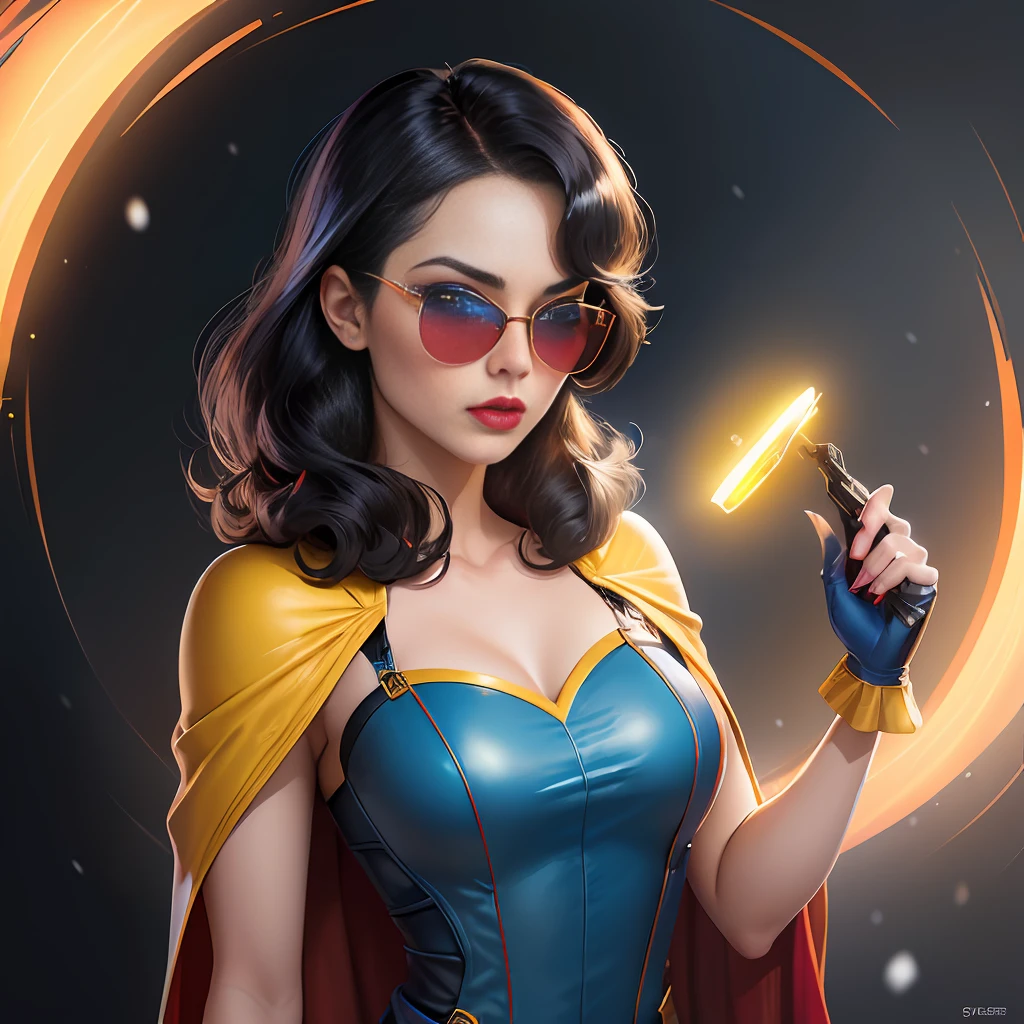 An impressive digital painting of (Emma Stone: 1.4), masterpiece, best quality, high detailed, (Like Snow White, wearing her iconic blue and yellow dress with a red cape, vibrant colors, detailed environment, evocative of the classic style of animation, high resolution, capturing the magic of the beloved film.:1.5), (in the style of Roger Dean:1.3),(A pair of bold, retro-inspired sunglasses that protect your eyes from the sun while simultaneously adding a touch of glamour to your overall look.:1.6),epic fantasy character art, concept art, fantasy art, a character portrait, fantasy art, high vibrant contrast, trend in ArtStation, dramatic lighting, ambient occlusion, volumetric lighting, emotional, Deviant-art, hyper detailed illustration, 8k, beautiful lighting, vamptech, rifle, android, using excessive makeup, Blush, Mascara, eyebrow pencils, eyeshadow, eyeliner, lip liner, lip gloss, (dramatic eyelashes: 1.3), cut crease, Ombre lips, graphic eyeliner, extreme makeup, eye shadow, lipstick, excessive makeup