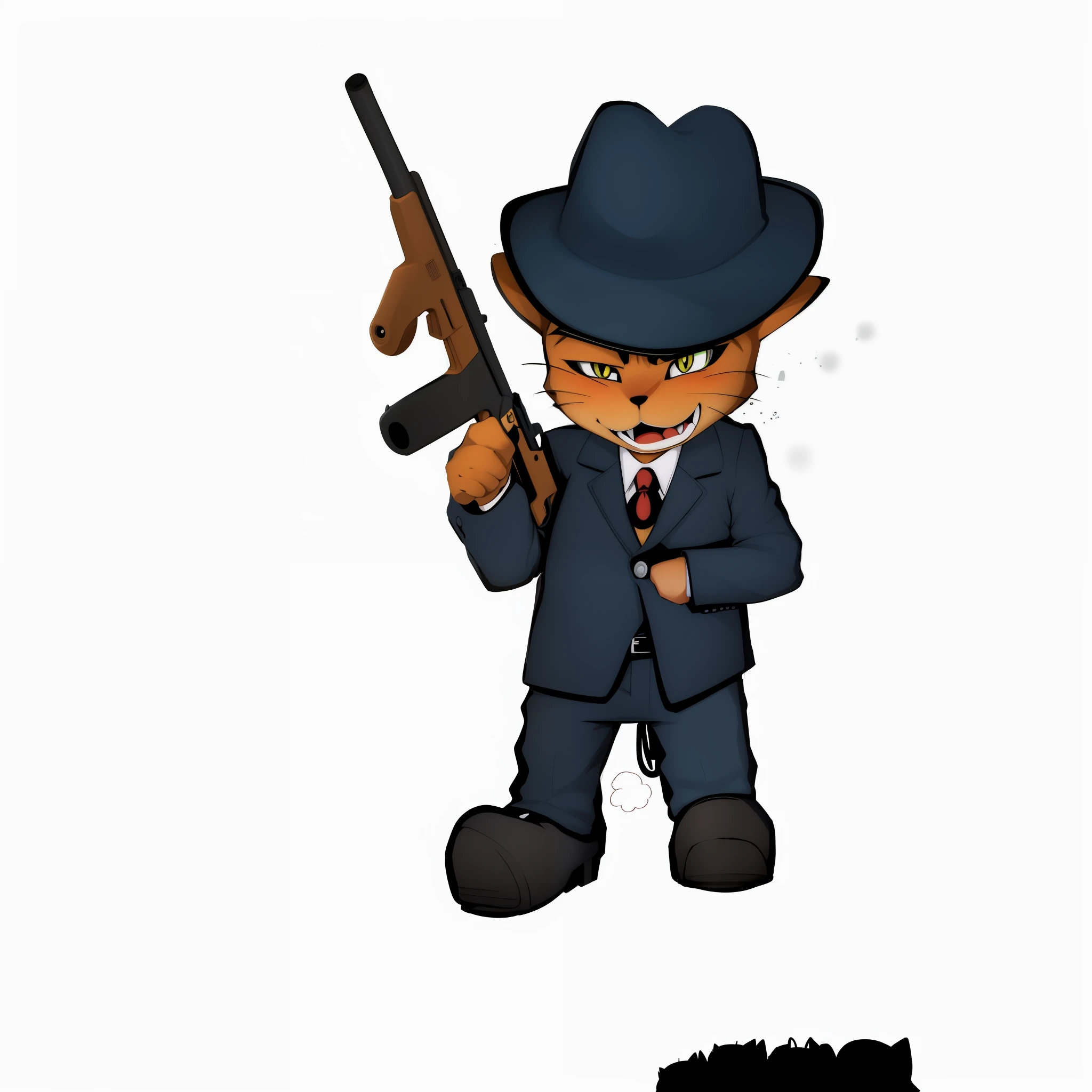 Cartoon of a cat in a suit and hat holding a gun, an anthropomorphic gangster cat, anthropomorphic gangster cat, mobster, Joshy Sly-style art, the stuffed kitten is holding a gun, spy cat, he has a pistol, he has a pistol!, gangster, he is a killer in Peacoat