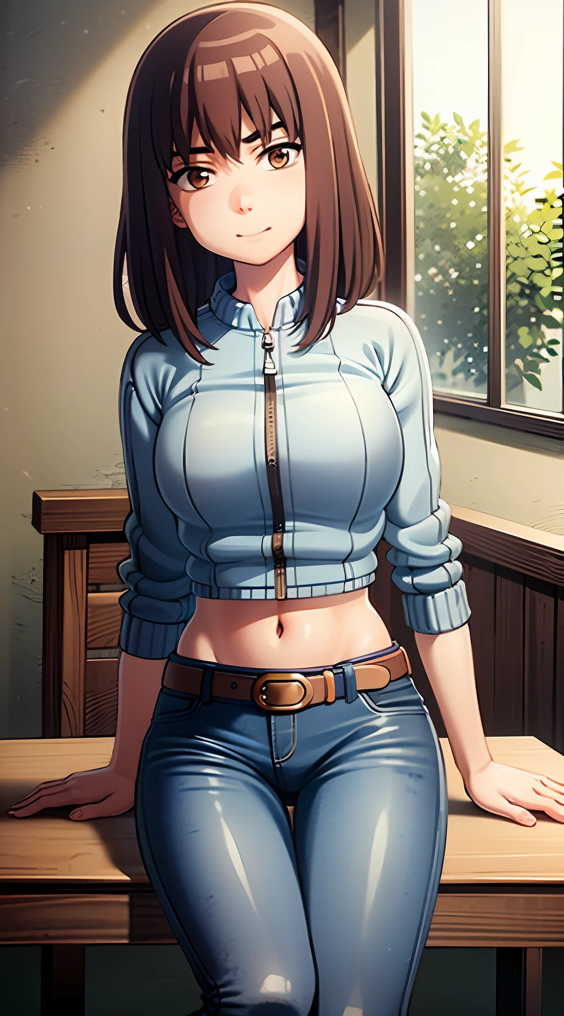 KIRUKO, 1 girl, masterpiece, solo, (best quality, perfect detailed, beautifully detailed face, detailed eyes), brown hair, short pants, belt, jeans, brown eyes, day, denim, indoor, crop top shirt, smile, breasts, medium breasts, solo, sitting, chair, blush, shy,  short jeans pants, show stomach,