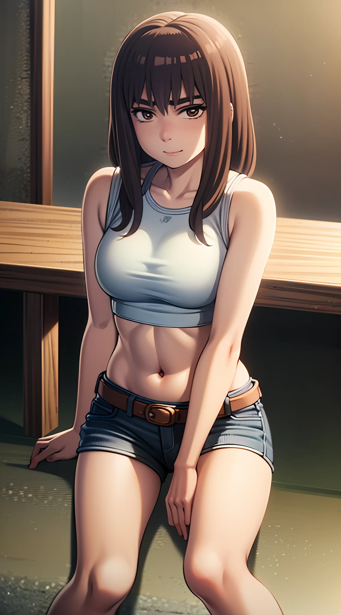 KIRUKO, 1 girl, masterpiece, solo, (best quality, perfect detailed, beautifully detailed face, detailed eyes), brown hair, short pants, belt, jeans, brown eyes, day, denim, indoor, crop top shirt, smile, breasts, medium breasts, solo, sitting, chair, blush, shy,  short jeans pants, show stomach,