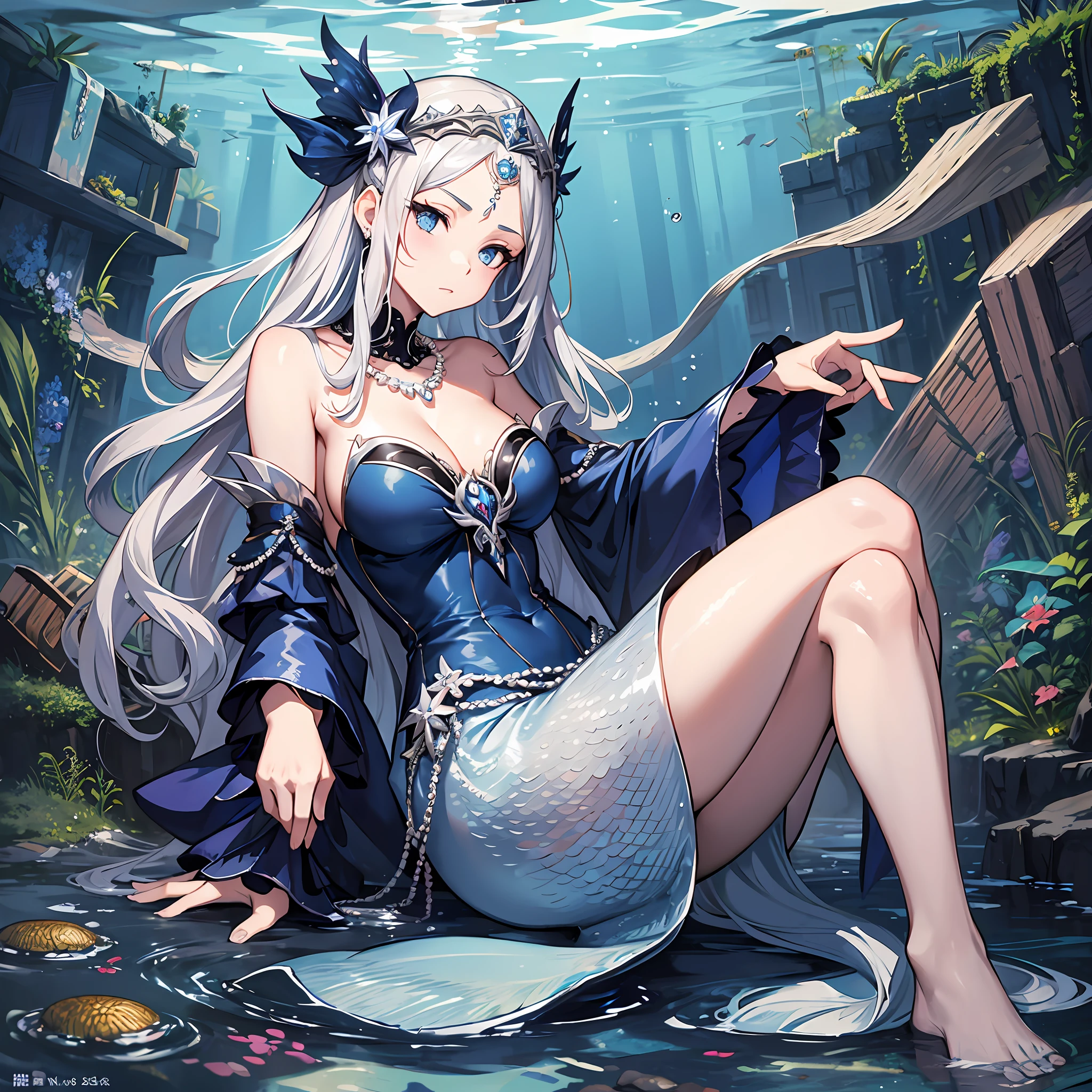 Masterpiece, Old, female, long Silver hair, mermaid headband and pearl necklace, Slanted eyes, blue navy sexy open dress, Sitting in the underwater city, serious expression, with a sharp gaze, full body