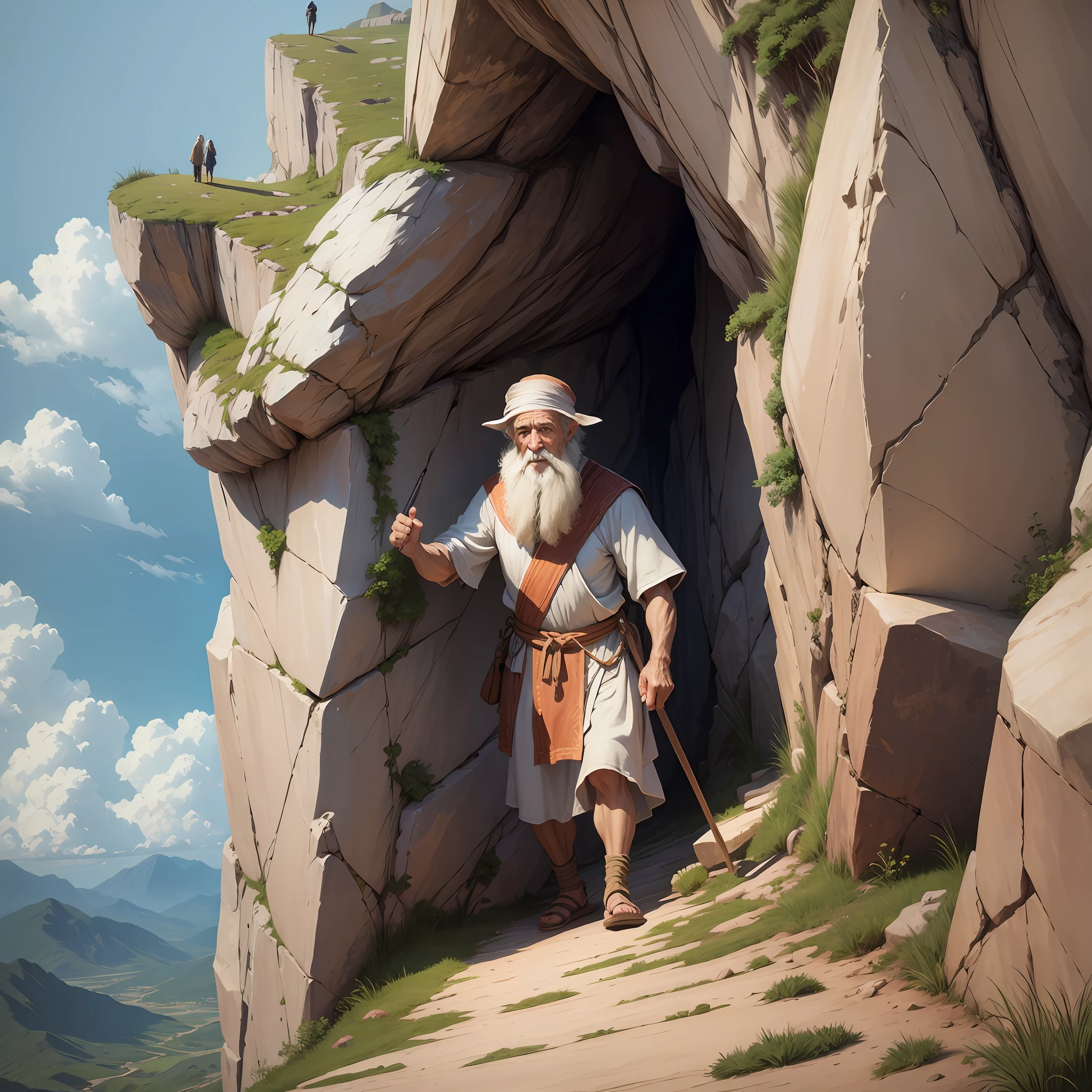 An old man from Old Testament times, wearing a tunic, without glasses and climbing a mountain --auto --s2