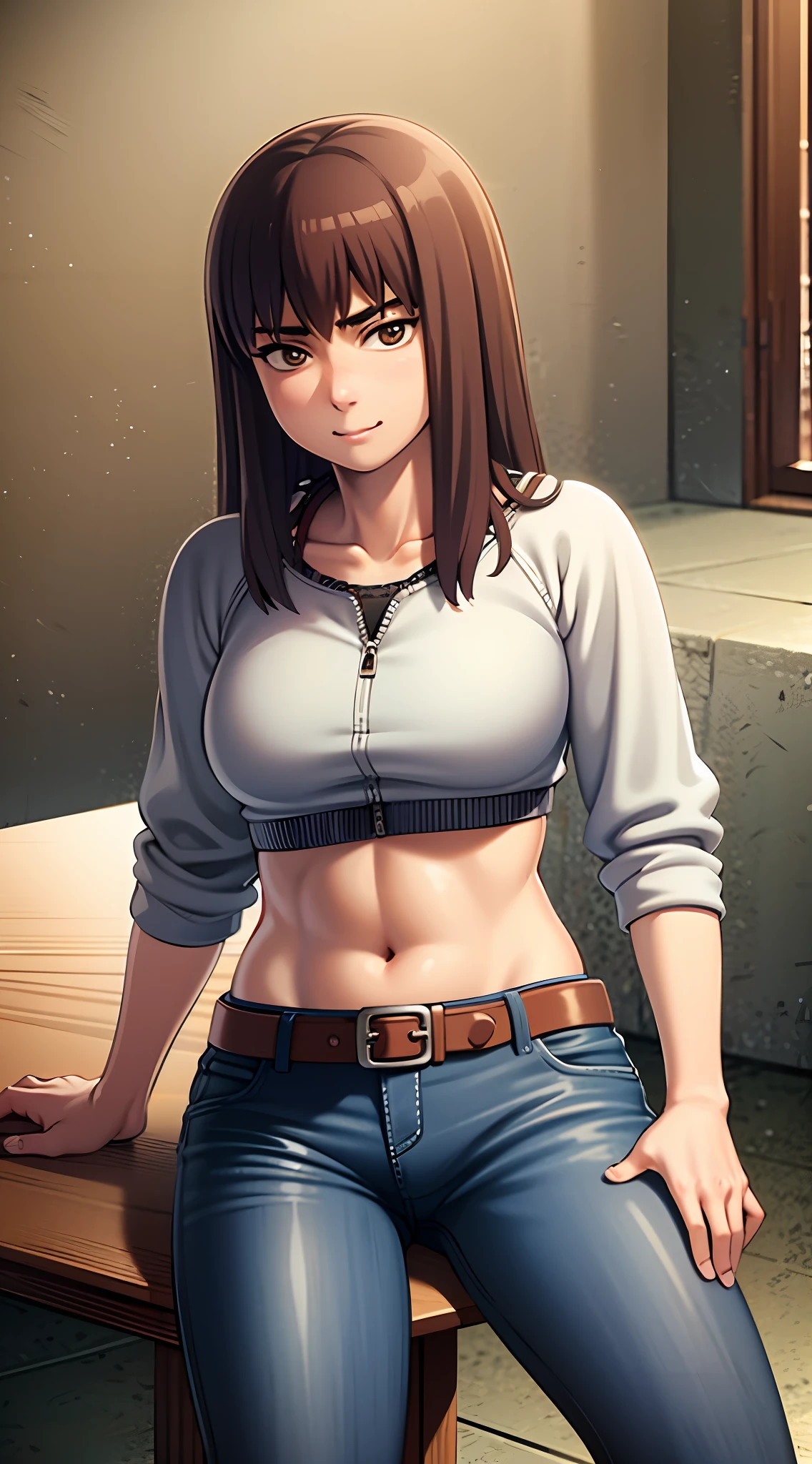 KIRUKO, 1 girl, masterpiece, solo, (best quality, perfect detailed, beautifully detailed face, detailed eyes), brown hair, short pants, belt, jeans, brown eyes, day, denim, indoor, crop top shirt, smile, breasts, medium breasts, solo, sitting, chair, blush, shy,  short jeans pants, show stomach,