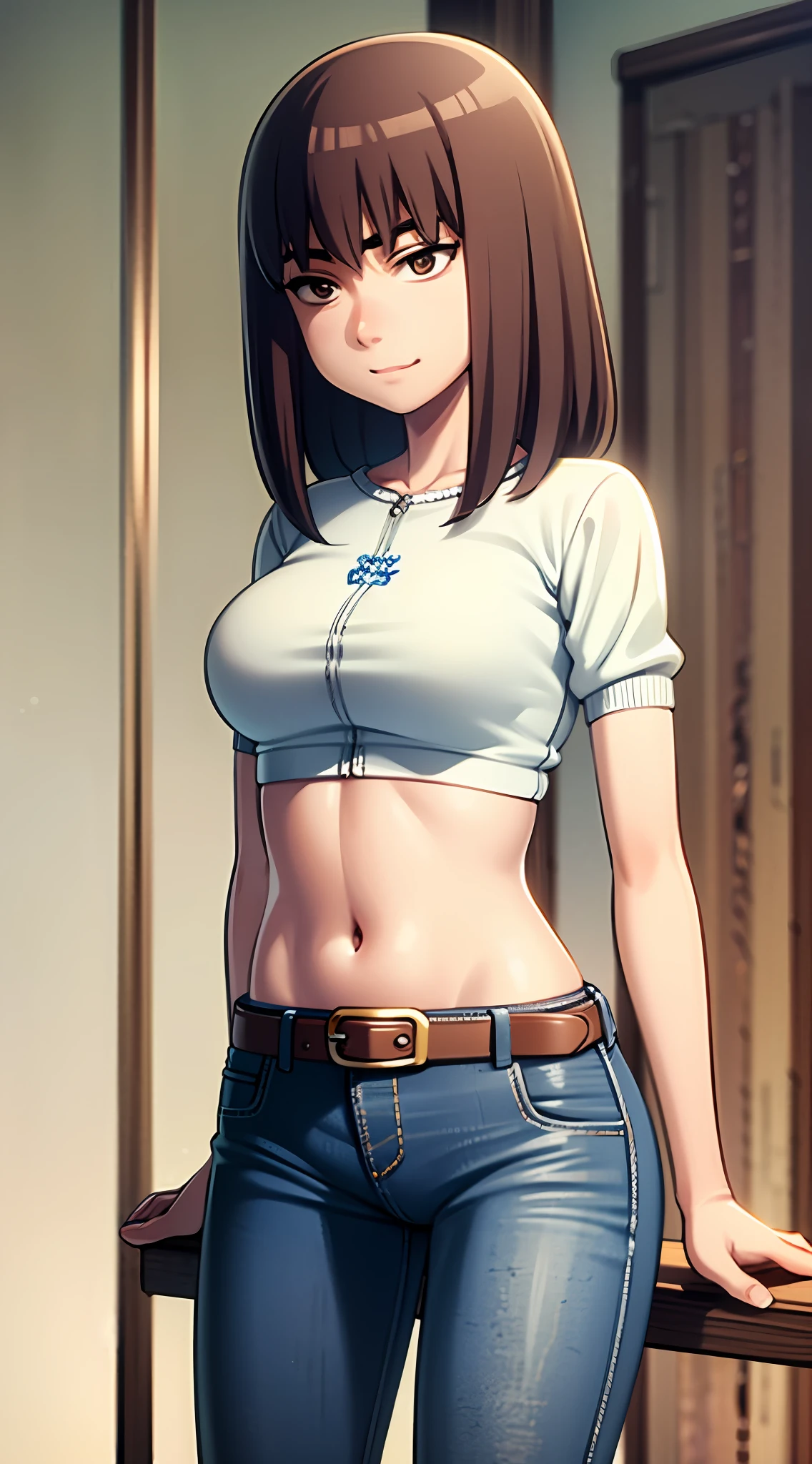 KIRUKO, 1 girl, masterpiece, solo, (best quality, perfect detailed, beautifully detailed face, detailed eyes), brown hair, short pants, belt, jeans, brown eyes, day, denim, indoor, crop top shirt, smile, breasts, medium breasts, solo, sitting, chair, blush, shy,  short jeans pants, show stomach,