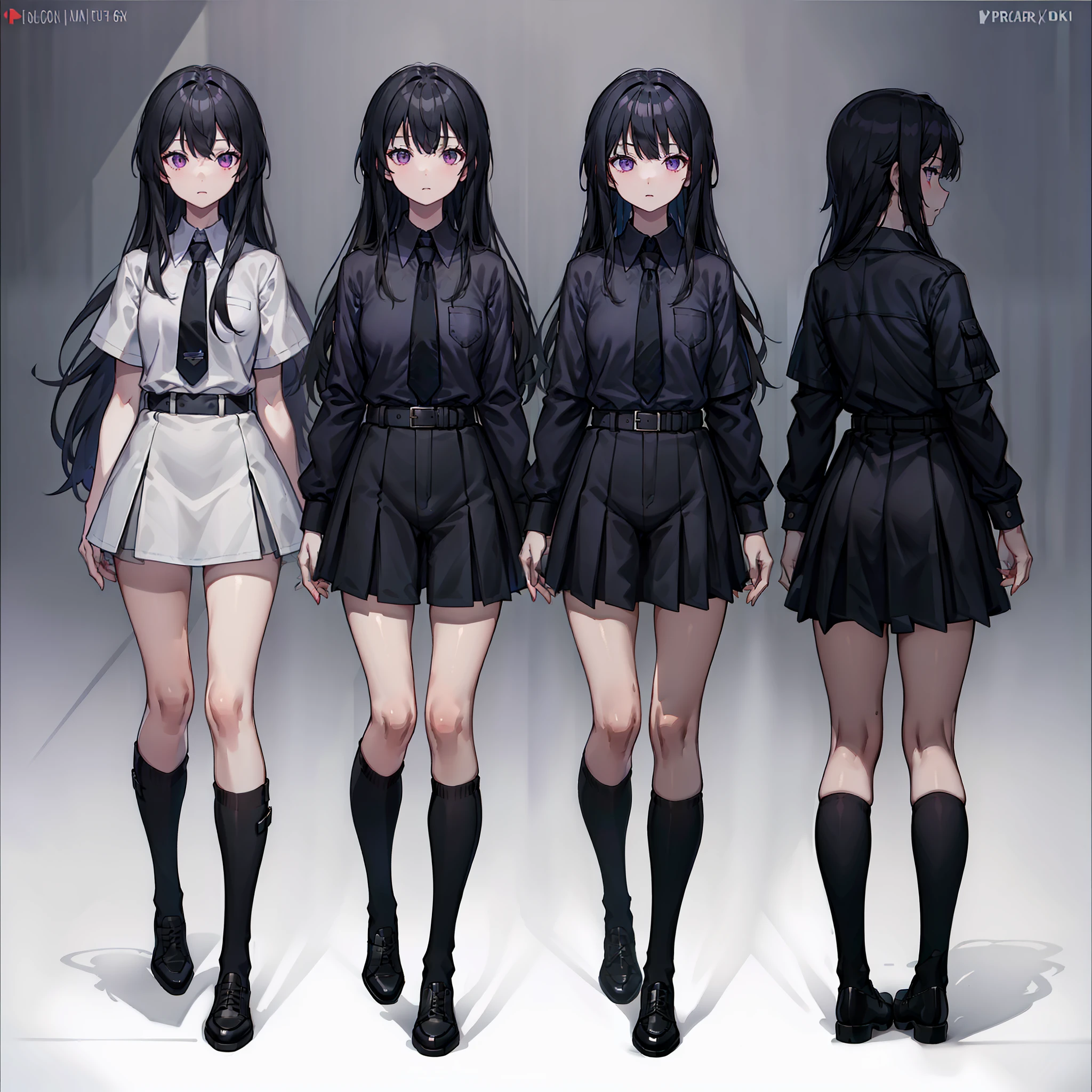 UHD, retina, masterpiece, accurate, anatomically correct, super detail, high details, high quality, award winning, best quality, highres, good anatomy, 1080P, HD, 4K, 8k, 16k, 1girl, full body, long black hair, long locks, chopped bangs, purple eyes, wearing a black collared long sleeved shirt, wearing a purple tie, wearing black shorts, wearing long black boots, charturnbetalora