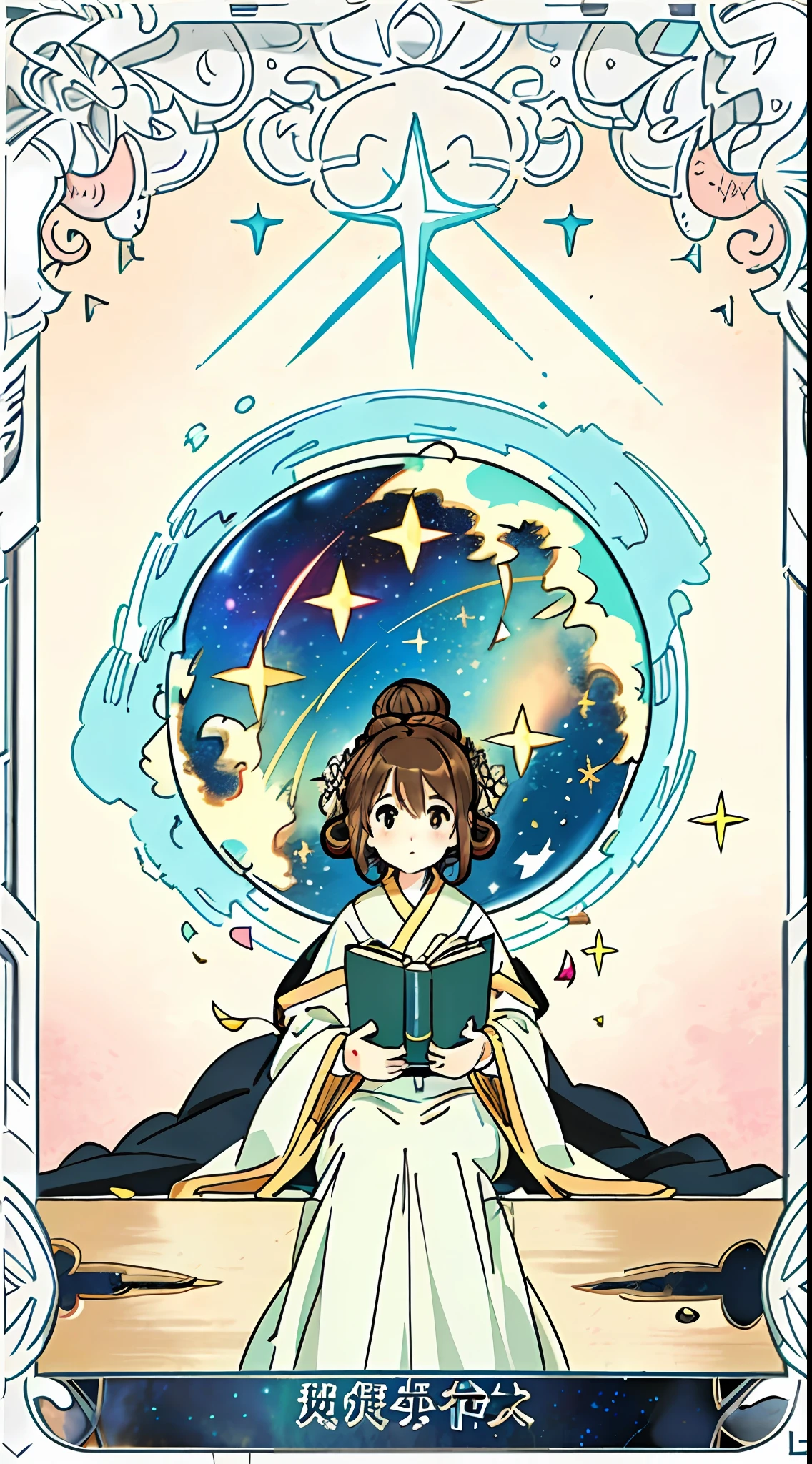 (Pastel Color Palet), (Little Witch), ((Sat on a huge floating book 3 times her size)), (((masterpiece))),((((best quality))), illustration, 1 girl, Flamingo Fluffy hair, Brown hair, hairstyle fax, light golden eyes, environment change scene, Hairstyle Fax, Pose Zitai, Female, Starry sky, Charturnbetalora, (simple background, burning background: 1.3), --6