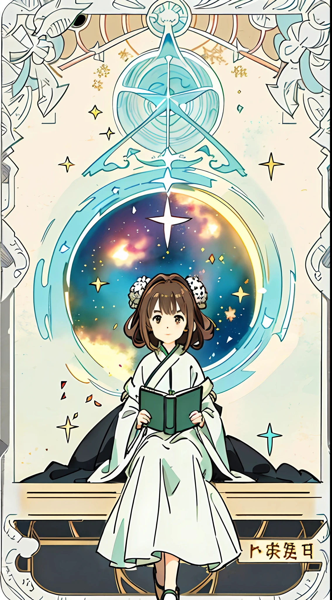 (Pastel Color Palet), (Little Witch), ((Sat on a huge floating book 3 times her size)), (((masterpiece))),((((best quality))), illustration, 1 girl, Flamingo Fluffy hair, Brown hair, hairstyle fax, light golden eyes, environment change scene, Hairstyle Fax, Pose Zitai, Female, Starry sky, Charturnbetalora, (simple background, burning background: 1.3), --6