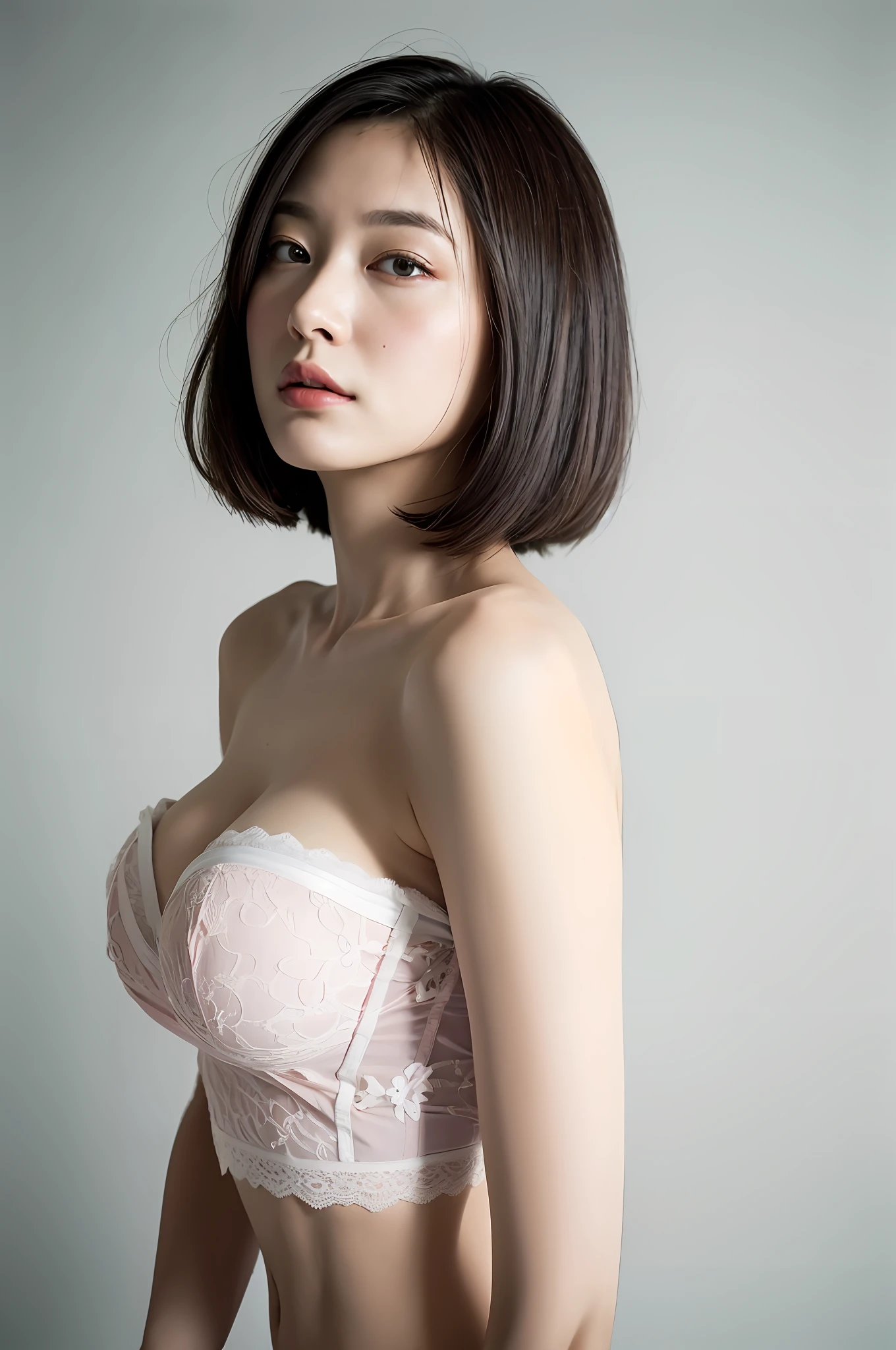 White pink strapless bra, big overflowing from bra cups, big breasts, amazing big, breasts that can't fit in bra cups, half cup bras,