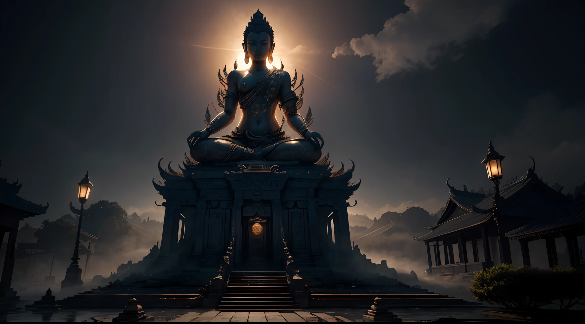 ancient landscape, bodhisattva with a thousand hands, temple, (mysterious black fog), journey to the west, ((corpse)), ((ancient monster)), (ruins), (battlefield)), (blood stain), glazed tile, Buddha statue, lantern, absurdity, realistic lighting, (abyss) masterpiece, high quality, beautiful graphics, high detail, dressed woman, extremely refined and beautiful, stunning, fine detail, masterpiece, hyperdetail, high resolution, (best illustration), (best shadow), intricate