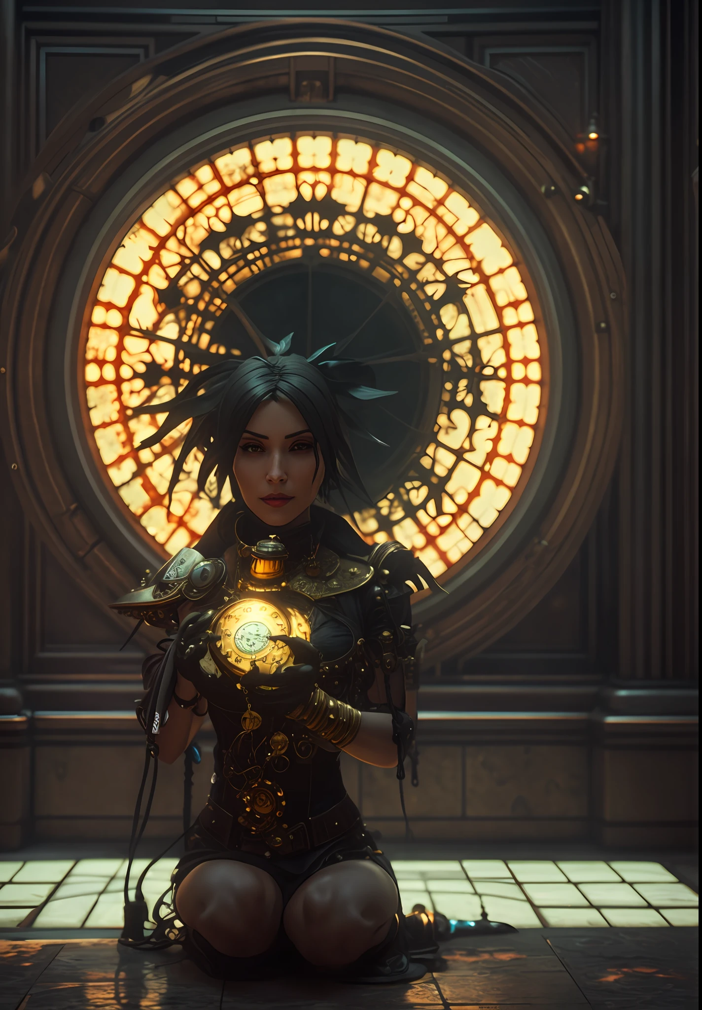 arafed woman sitting on the floor in front of a clock, steampunk fantasy style, rococo cyberpunk, fantasy style 8 k octane render, vivid steampunk concept, ornamental gothic - cyberpunk, magic and steam - punk inspired, inspired victorian sci - fi, art nouveau octane render, ornate cyberpunk armor, lofi steampunk bioshock portrait, lofi bioshock steampunk portrait