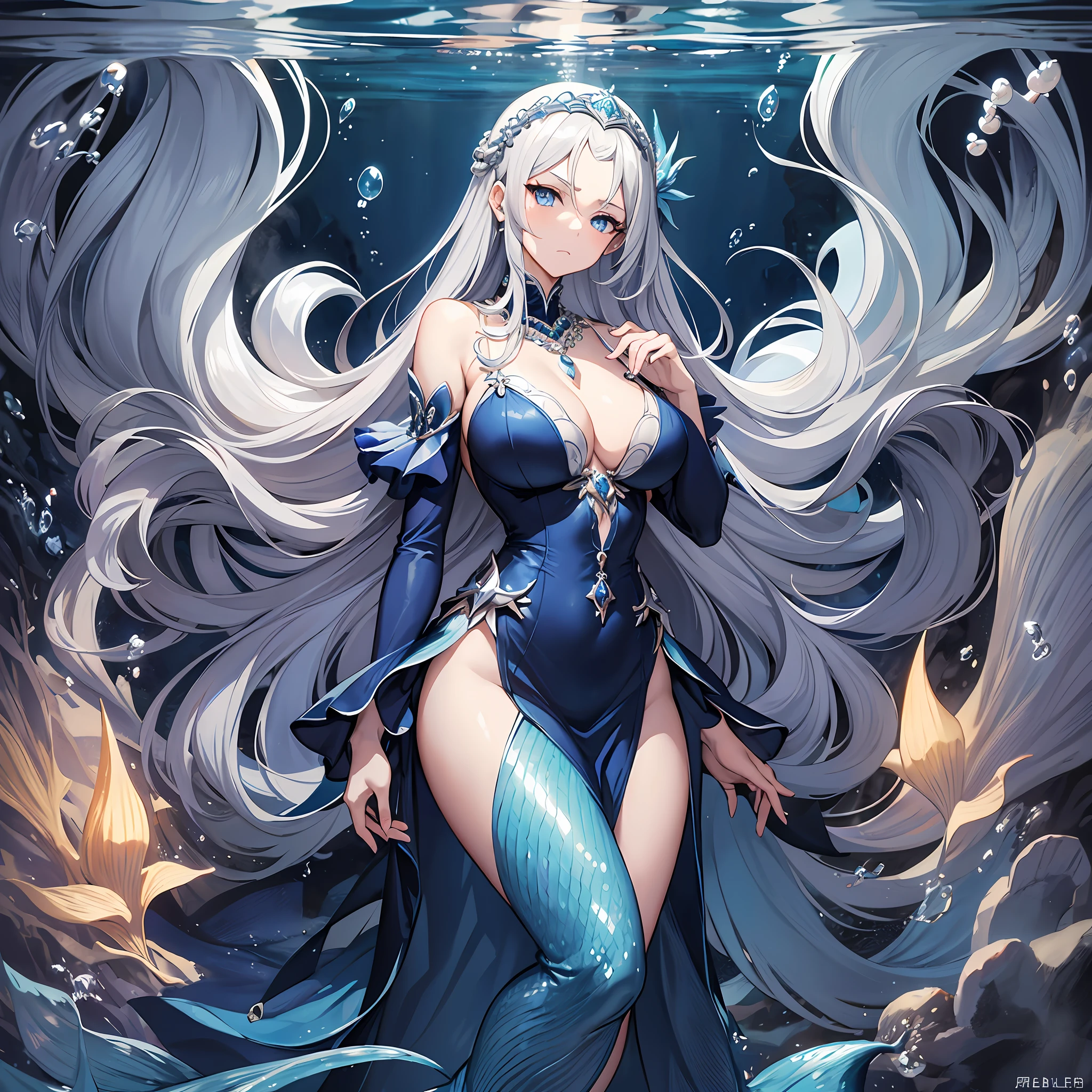 Masterpiece, Old, female, long Silver hair, mermaid headband and pearl necklace, Slanted eyes, blue navy sexy open dress, Standing Under the sea, serious expression, with a sharp gaze, full body