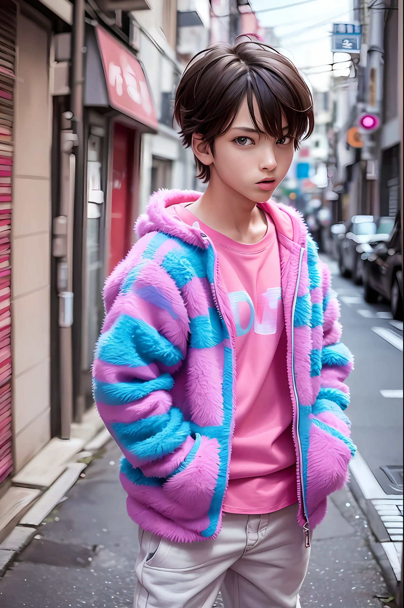 3d, 1boy, looking at viewer, cute, pink clothes, tongue out, tokyo, neons, blue eyes, mullet, finger rings, fuzzy clothes, 8k, best defenição, clothes without print, hands in pockets, clothes without symbols, clothes without images