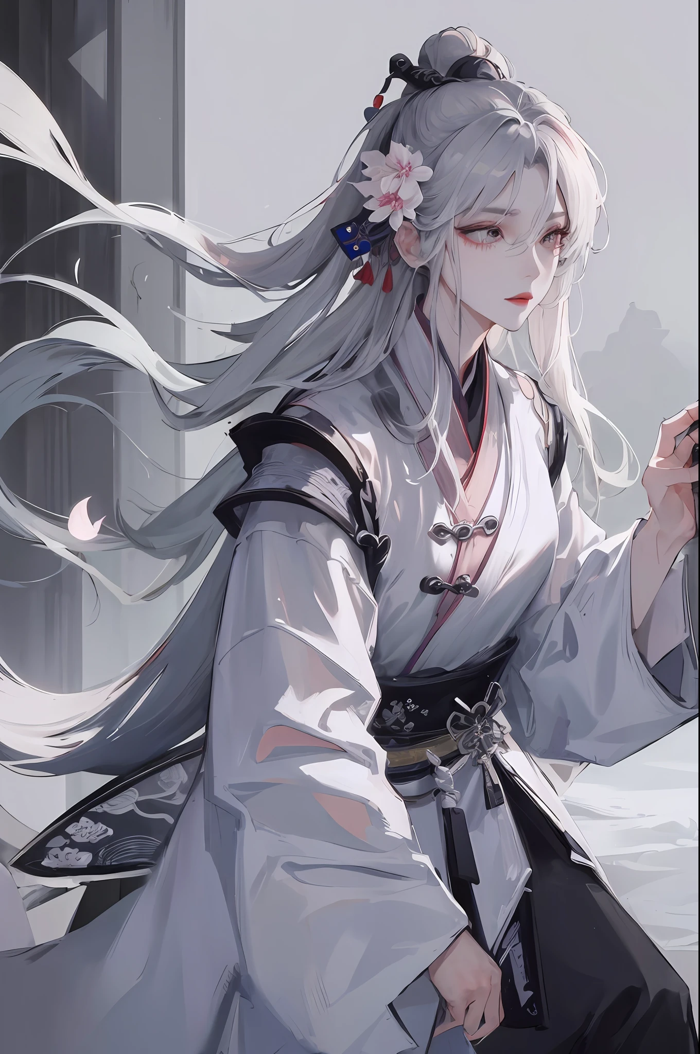 Masterpiece, Best, Night, Full Moon, 1 Female, Mature Woman, Chinese Style, Ancient China, Elder Sister, Royal Sister, Cold Face, Expressionless, Silver White Long Haired Woman, Pale Pink Lips, Calm, Intellectual, Three Belts, Gray Hitomi, assassin, dagger, flower ball background, street view
