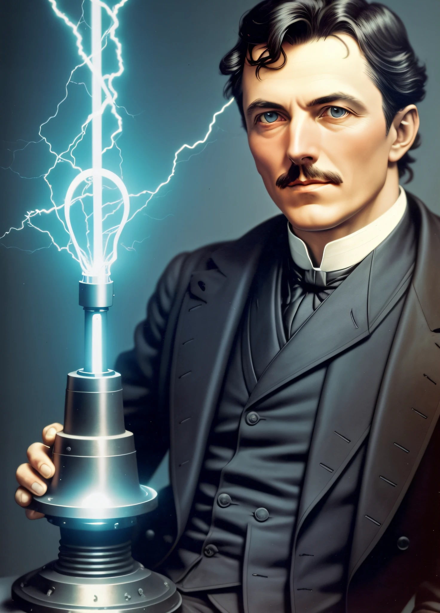 photo of nikolas tesla with a fluorescent lamp, and alternating current