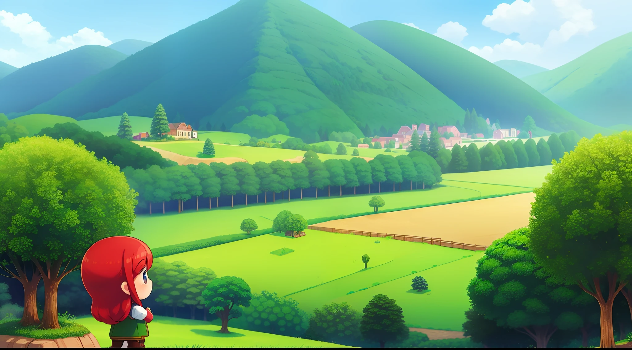 (a Stardew Valley-style game scene), wallpaper with high quality, ultra-realistic details, [dense foliage:1.2+tall trees], [a  girl holding a sword in her hand, with her back facing the camera, red hair:1.3], a mine near the background, an adventure full of possibilities small houses in the background.