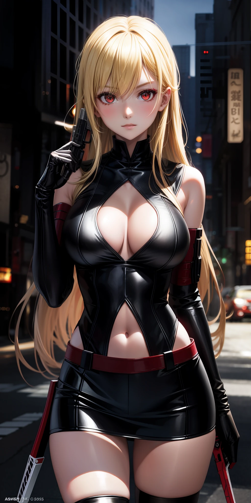 anime, girl single, blonde, red eyes, sexy, assassin, assassin