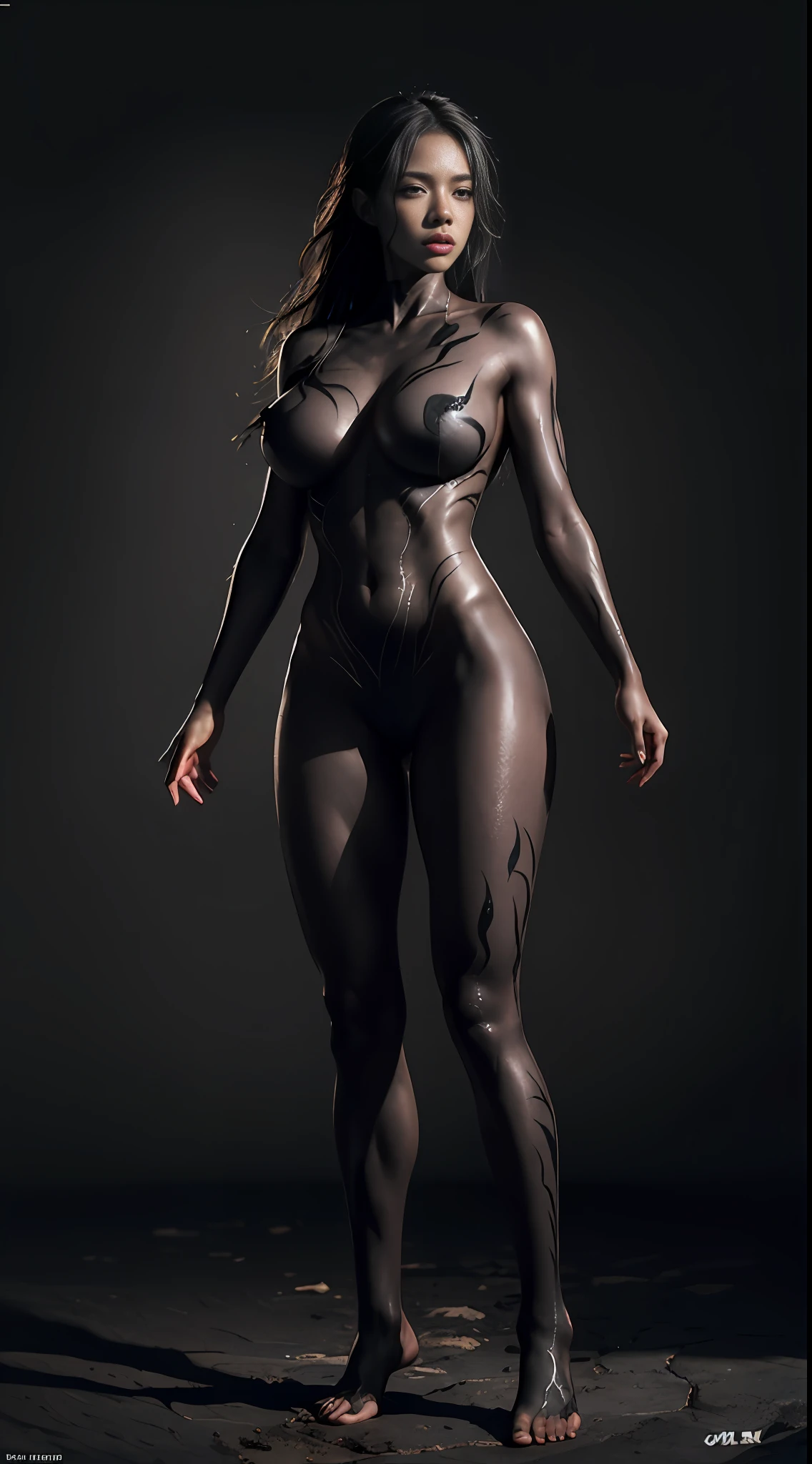 Shadowless light soft ray-traced lighting, angry face, (black body art painting: 1.5), ((best quality, 8k, masterpiece: 1.3))), clear focus: 1.2, wet body, highly detailed face and skin texture, detailed eyes, double eyelids, long hair, heavy sagging big breasts, bare feet, standing with legs apart,