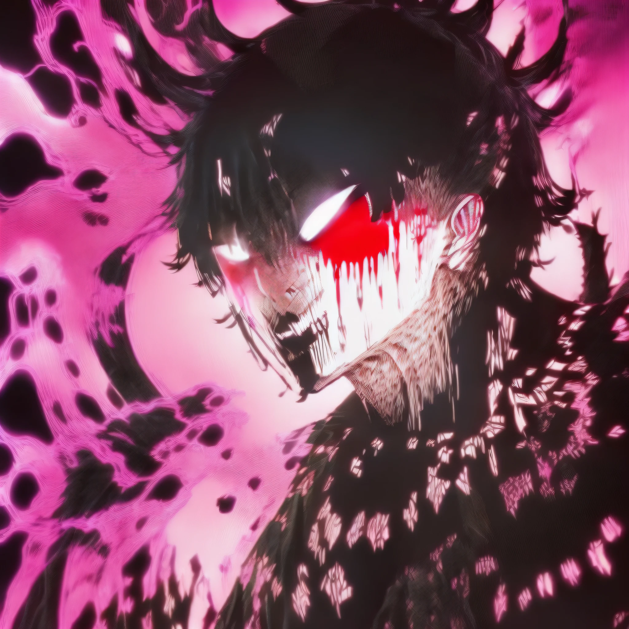 refined Japanese style, demon in the background, hot bloody color, portrait full of colors, density of colors, manifestation of reflections in the blood, dynamic production, sharp animated movement, emotional depth.