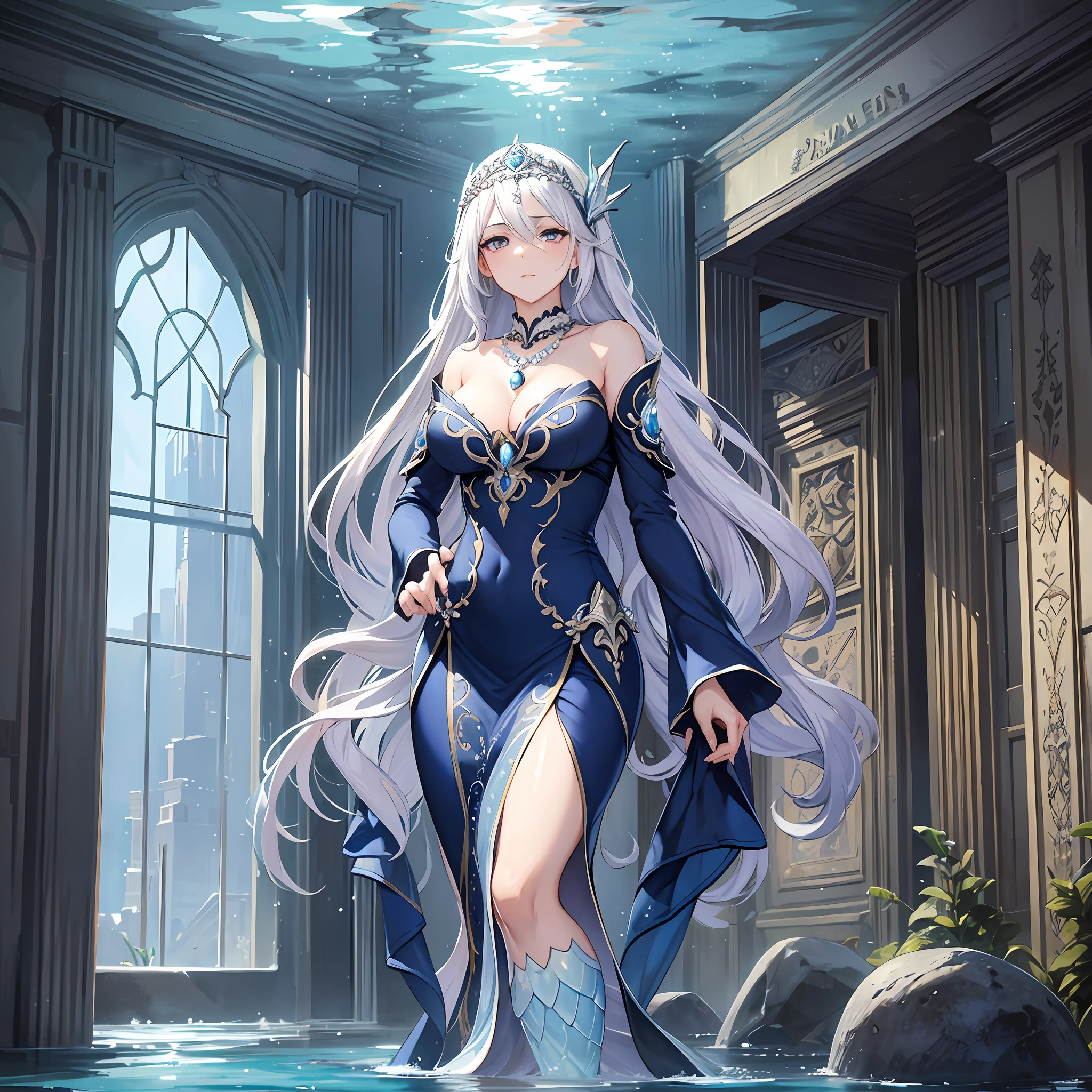 Masterpiece, Old, female, long Silver hair, mermaid headband and pearl necklace, Slanted eyes, blue navy sexy open dress, Standing Underwater city, serious expression, with a sharp gaze, full body