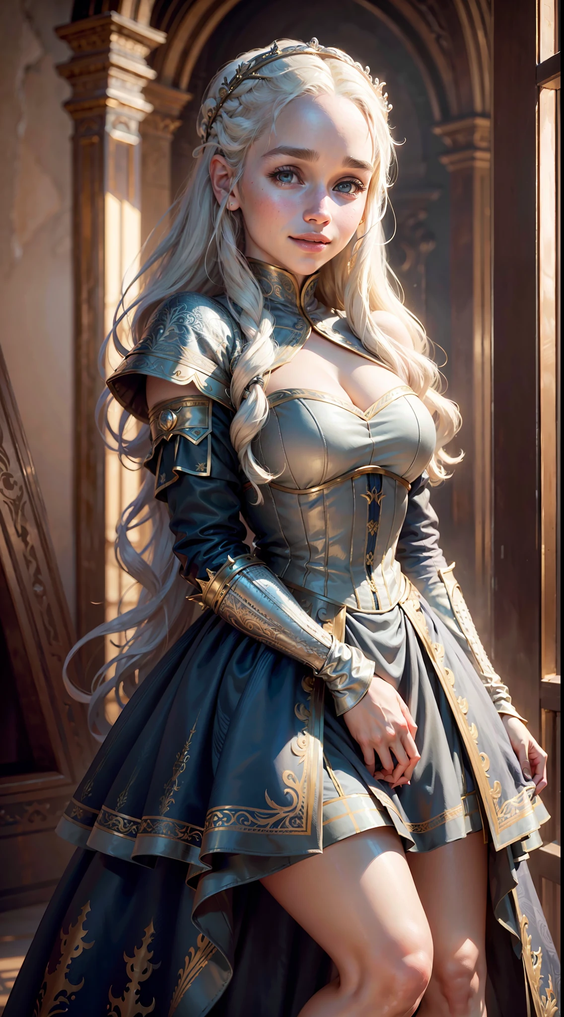 masterpiece, maximum quality, ultra high resolution, 8k, Emilia Clarke (khaleesi), full body, alone, thin, extremely detailed face, perfectly identical face, detailed eyes, wide smile, cheerful, realistic photo, totally realistic, human pelle, studio lighting, perfect, wearing micro princess dress