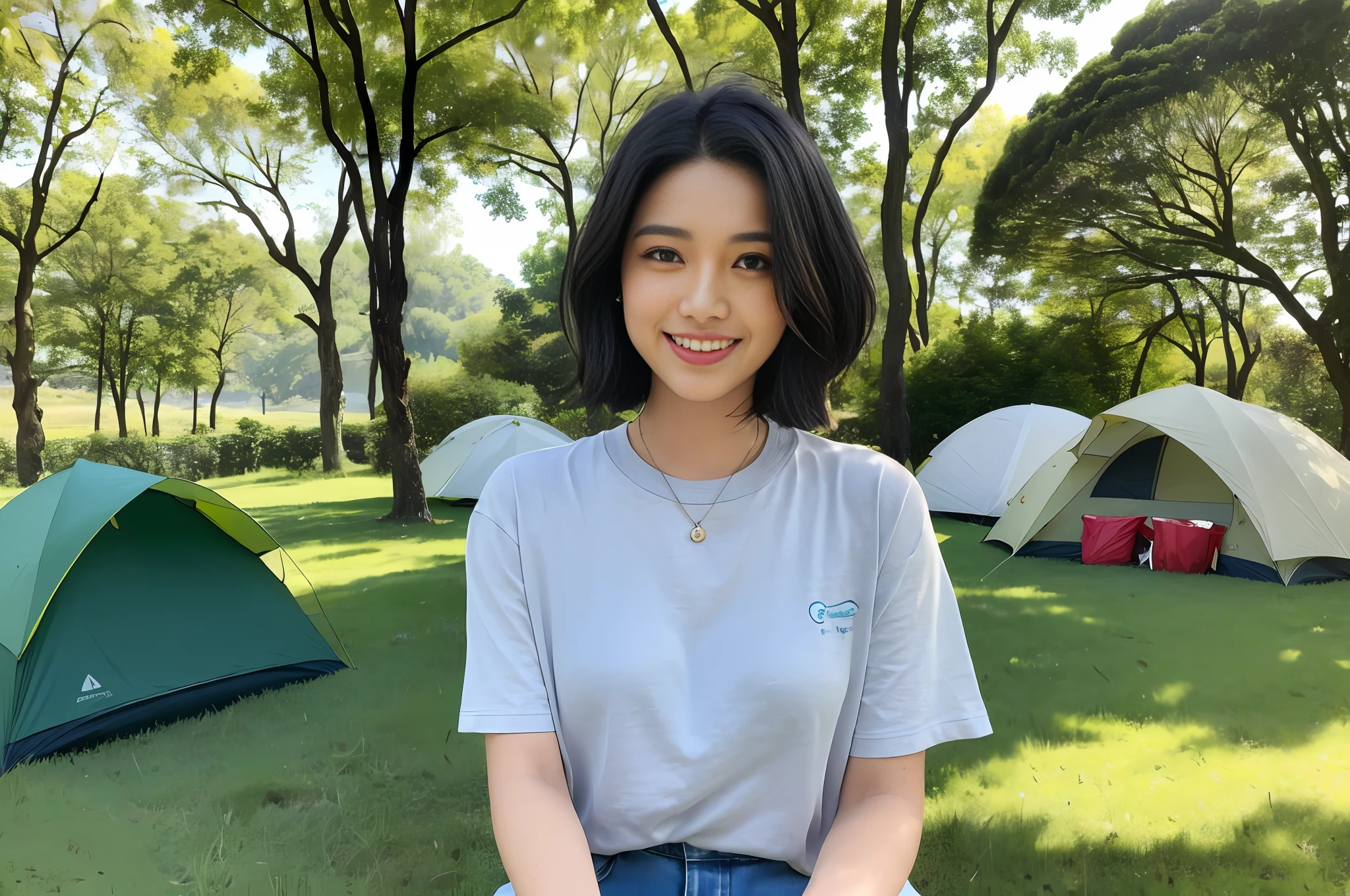 (masterpiece:1.3), (8k, photorealistic, RAW photo, best quality: 1.4), (1girl), beautiful face, (realistic face), (black hair, short hair:1.3), beautiful hairstyle, realistic eyes, beautiful detailed eyes, (realistic skin), beautiful skin, ultra high res, ultra realistic, highly detailed,photo realistic,extremely detailed eyes, ultra-detailed, looking at viewer, mature female,smile naturally with showing teeth, shy, (Aqua eyes),healthy, sporty, river side, round shaped stone on the river side,clear water of river,wearing jeans pants,sitting and cooking at camping site, Grilling a pieces of meat on the wire mesh,The white smoke rises thinly from the meat, green forest behind of the river, blue sky,summer, Dappled sunlight from trees,wearing casual shirts, There is one tent behind of the girl,tent on the grass, girl is holding the tongs for grill the meat,