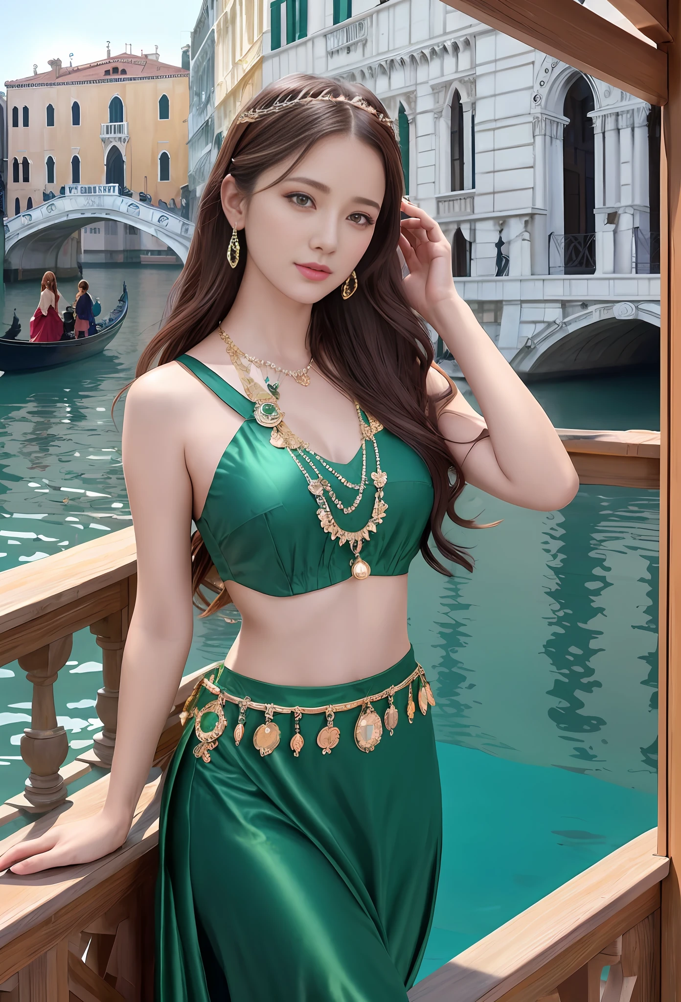 modelshoot style, (extremely detailed CG unity 8k wallpaper), full shot body photo of the most beautiful artwork in the world, stunningly beautiful photo realistic cute women, a hyper realistic ultra detailed photograph of a beautiful girl as a female 2020s dancer on the boat of 2020s Venice,(Bridge Of Sighs background),(princess eyes,shiny pupils), detailed symmetric beautiful hazel eyes, detailed gorgeous face,highly detailed, vibrant,professional majestic oil painting by Ed Blinkey, Atey Ghailan, Studio Ghibli, by Jeremy Mann, Greg Manchess, Antonio Moro, trending on ArtStation, trending on CGSociety, Intricate, High Detail, Sharp focus, dramatic, photorealistic painting art by midjourney and greg rutkowski