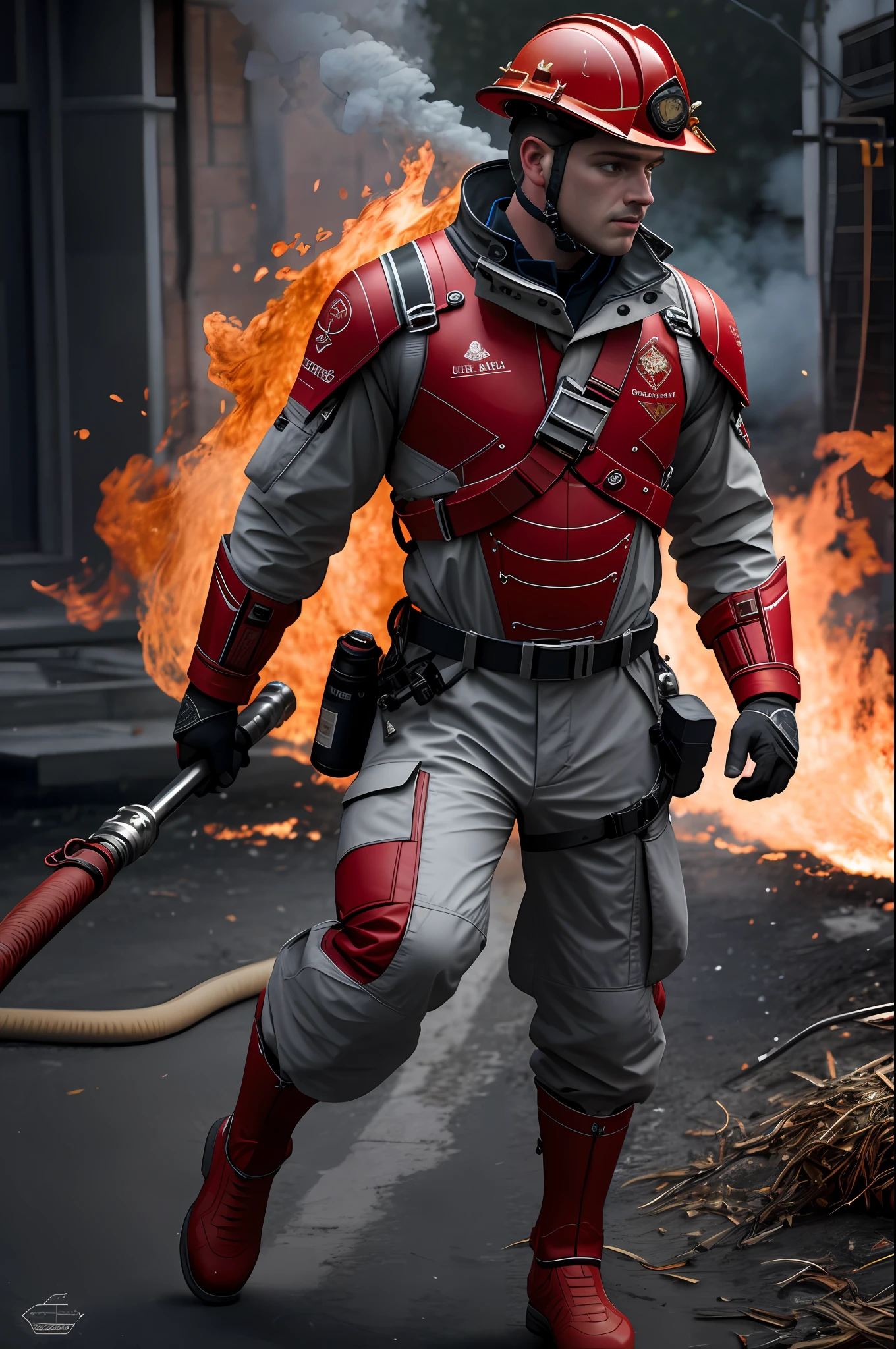 (8k, RAW photo, best quality, masterpiece: 1.2), ultra detailed, official art, photo-realistic: 1.37, upper body shot, young Fire Department Red safety suit, gray cancan putting out fire grain film, action pose