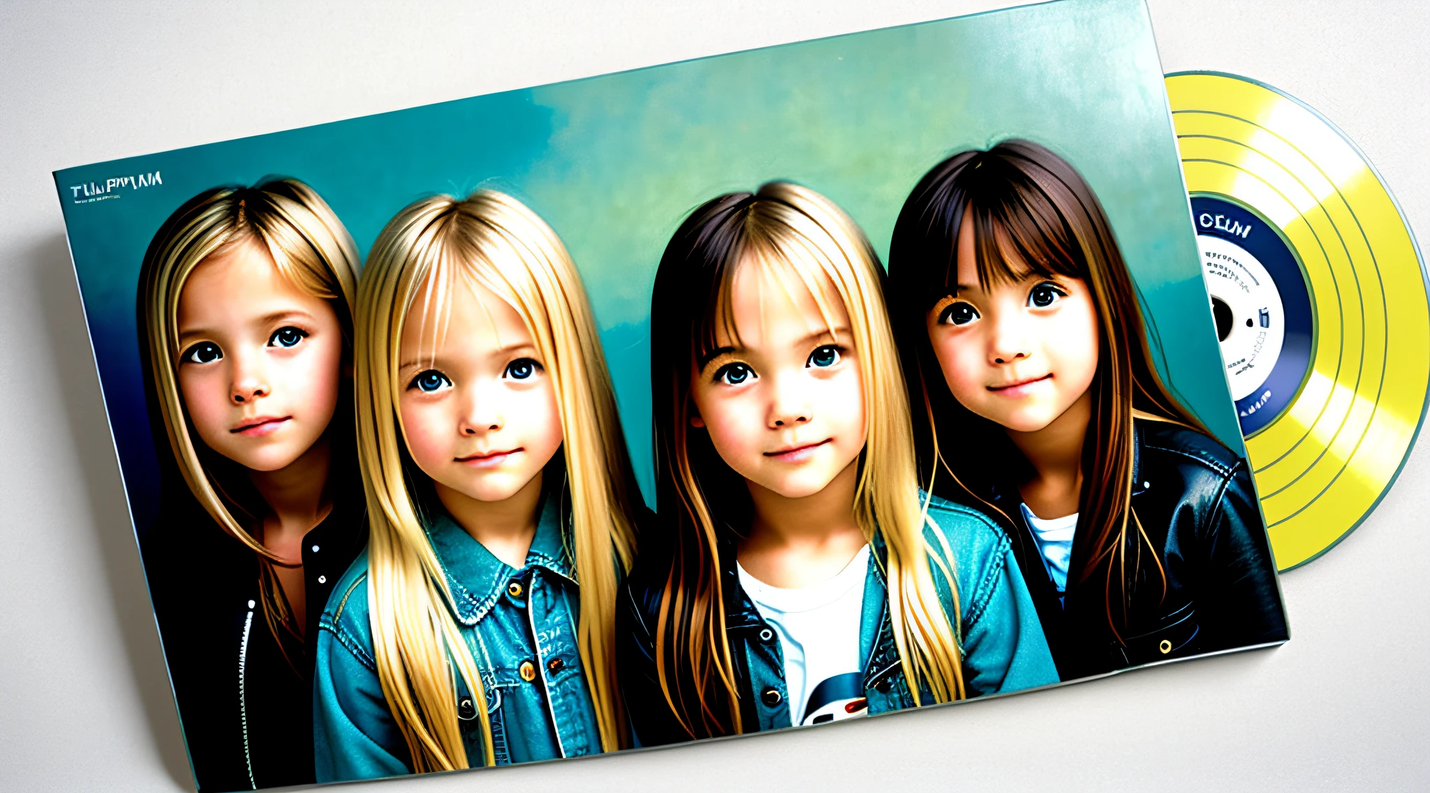 3 BLONDE GIRLS LONG HAIR CHILDREN IN LEATHER JACKET, A closeup of a CD and a CD box on a table, Packshot, CDs, CD Jacket, DVD Package, Medium Close Shot, Detailed Product Image, Medium Wide Shot, Medium Closeup, Close Medium Shot, New Boards of Canada album cover, soft vinyl, round format,  Boards of Canada album cover, BLU - Ray Transfer 5 K, Fujifilm"