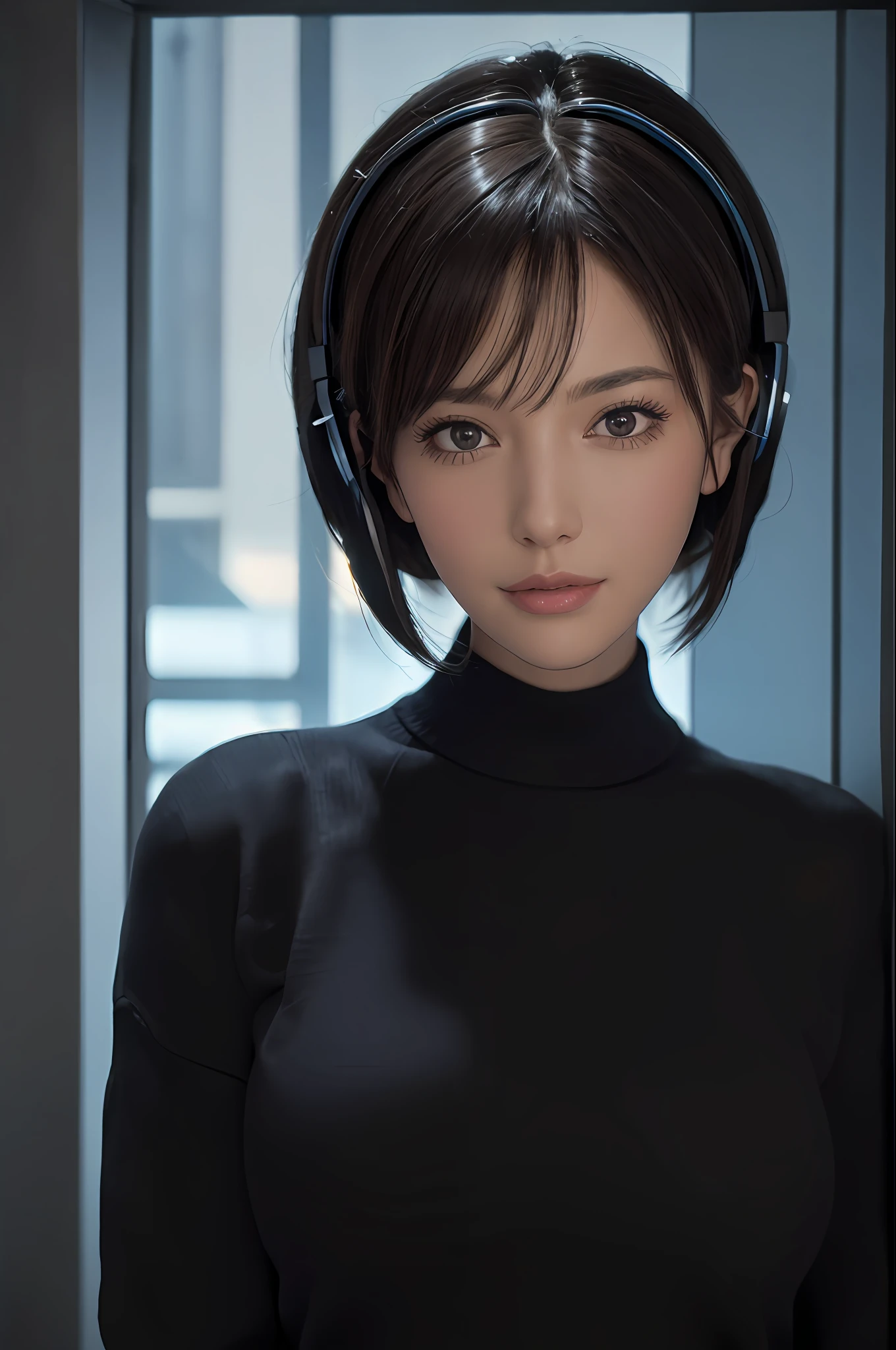 (Masterpiece: 1.3), (8k, Photorealistic, RAW Photo, Best Quality: 1.4), (1girl), Beautiful Face, (Realistic Face), (Black Hair, Short Hair: 1.3), Beautiful Hairstyle, Realistic Eyes, Beautiful Detail Eyes, (Realistic Skin), Beautiful Skin, (Sweater), Absurd, Attractive, Ultra High Definition, Ultra High Definition, Golden Ratio, Dancing in Clubs, DJ, I'm wearing headphones, elaborate as a photo, live-action