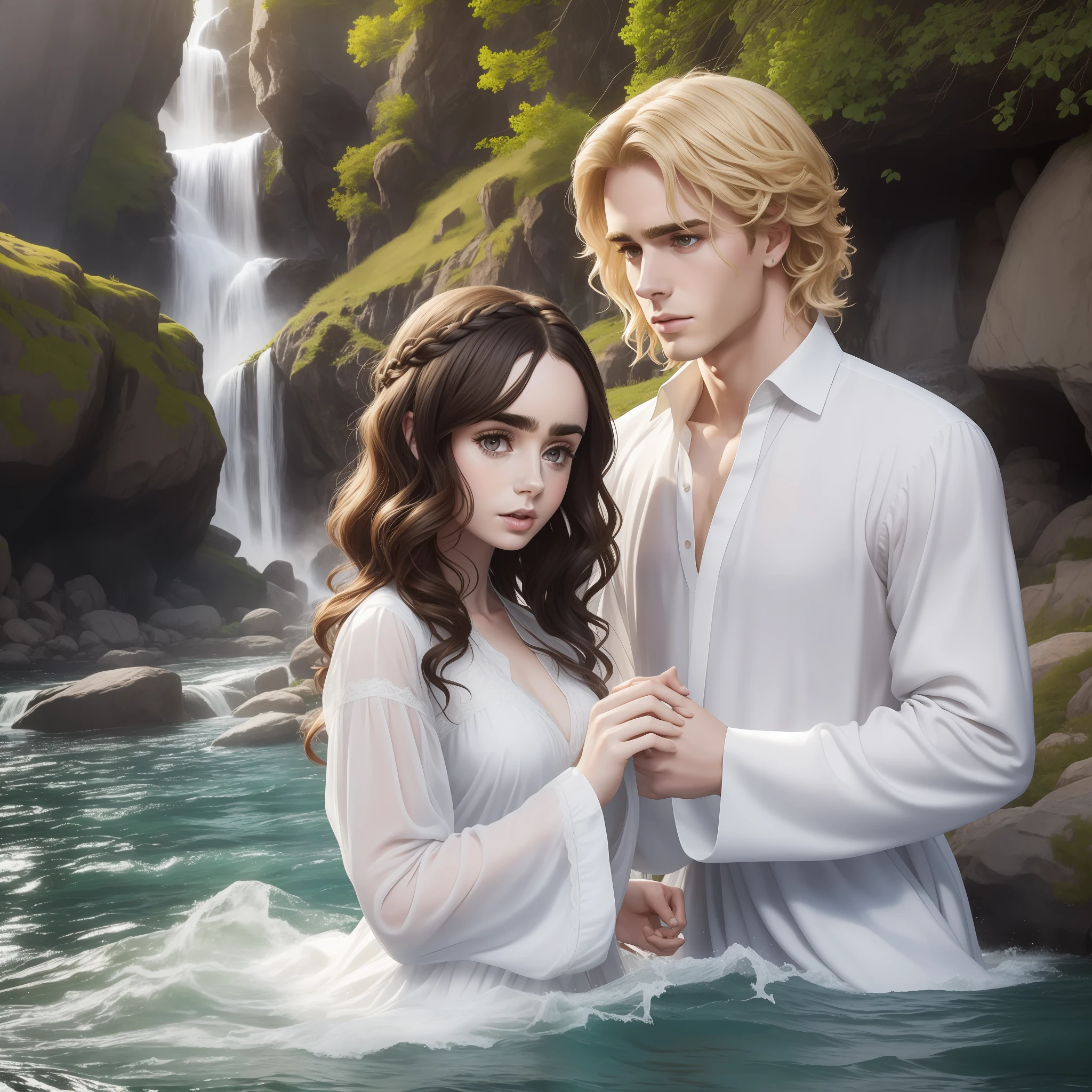 Lily Collins, who has black curly hair. wearing simple medieval white medieval dress. the Neels Visser wears an unbuttoned white long sleeve shirt and has blonde hair. The couple is swimming in the river, the clothes and hair wet, the river is crystal clear, has rocks and a waterfall at the bottom. The image is extraordinary.