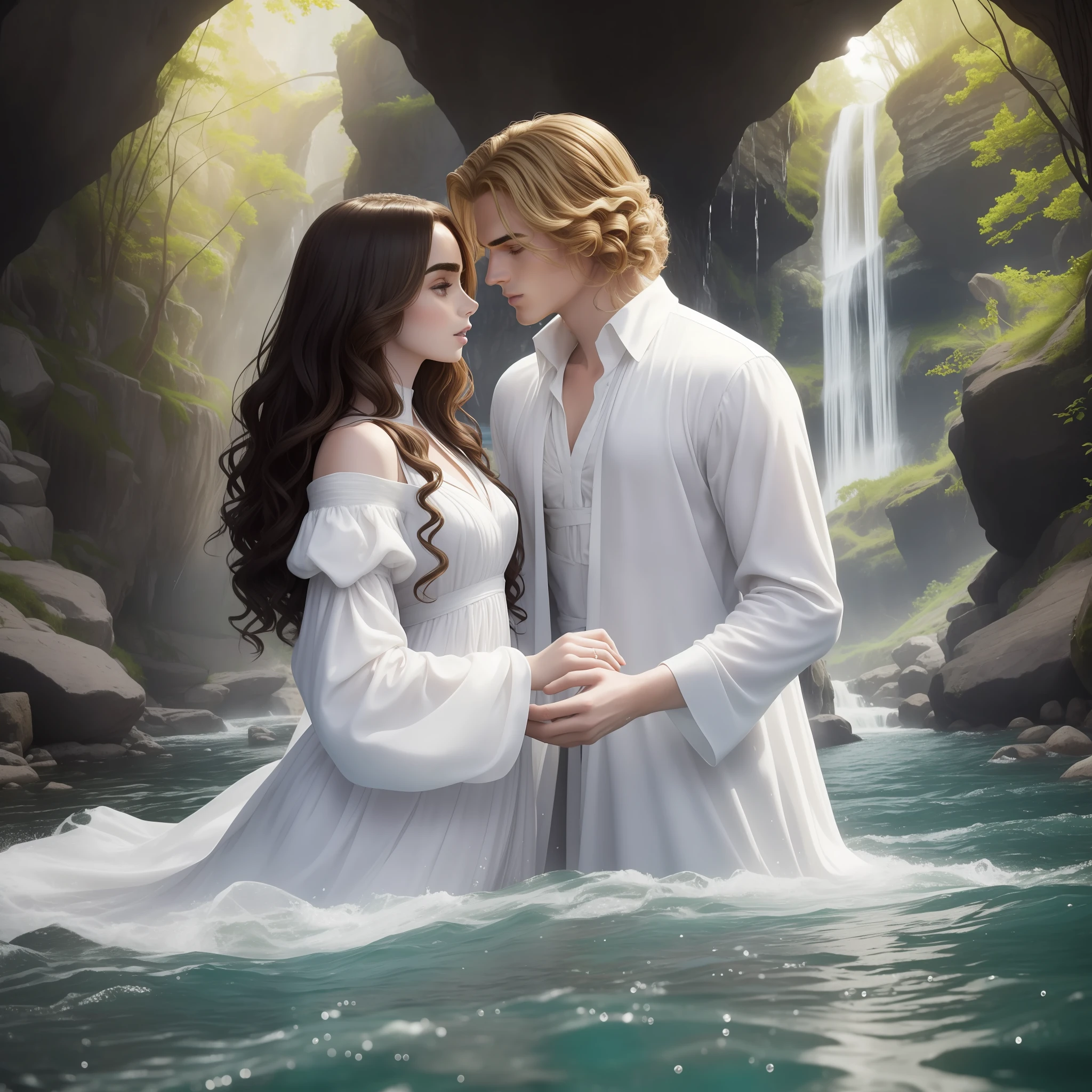Lily Collins, who has black curly hair. wearing simple medieval white medieval dress. the Neels Visser wears an unbuttoned white long sleeve shirt and has blonde hair. The couple is swimming in the river, the clothes and hair wet, the river is crystal clear, has rocks and a waterfall at the bottom. The image is extraordinary.