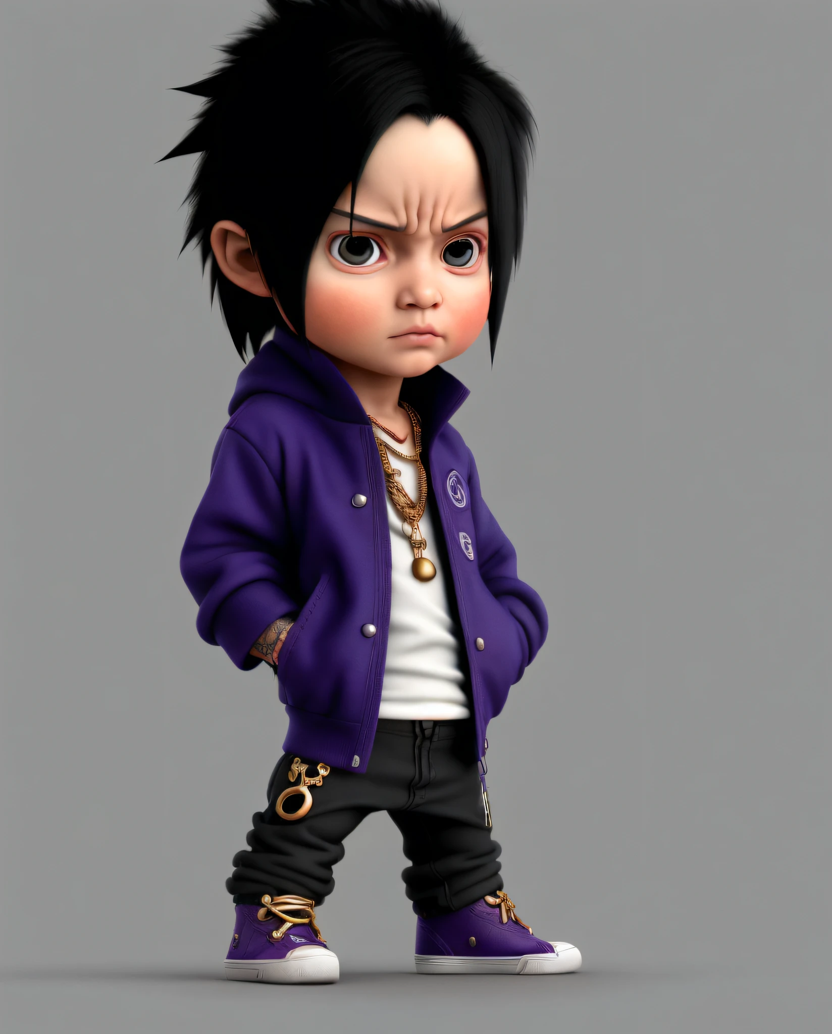 sasuke uchiha, , babyte, CGI, animation ((sharingan eyes)), (red eyes), gold chains, tattooed, smartwatch, purple air jordan shoes,