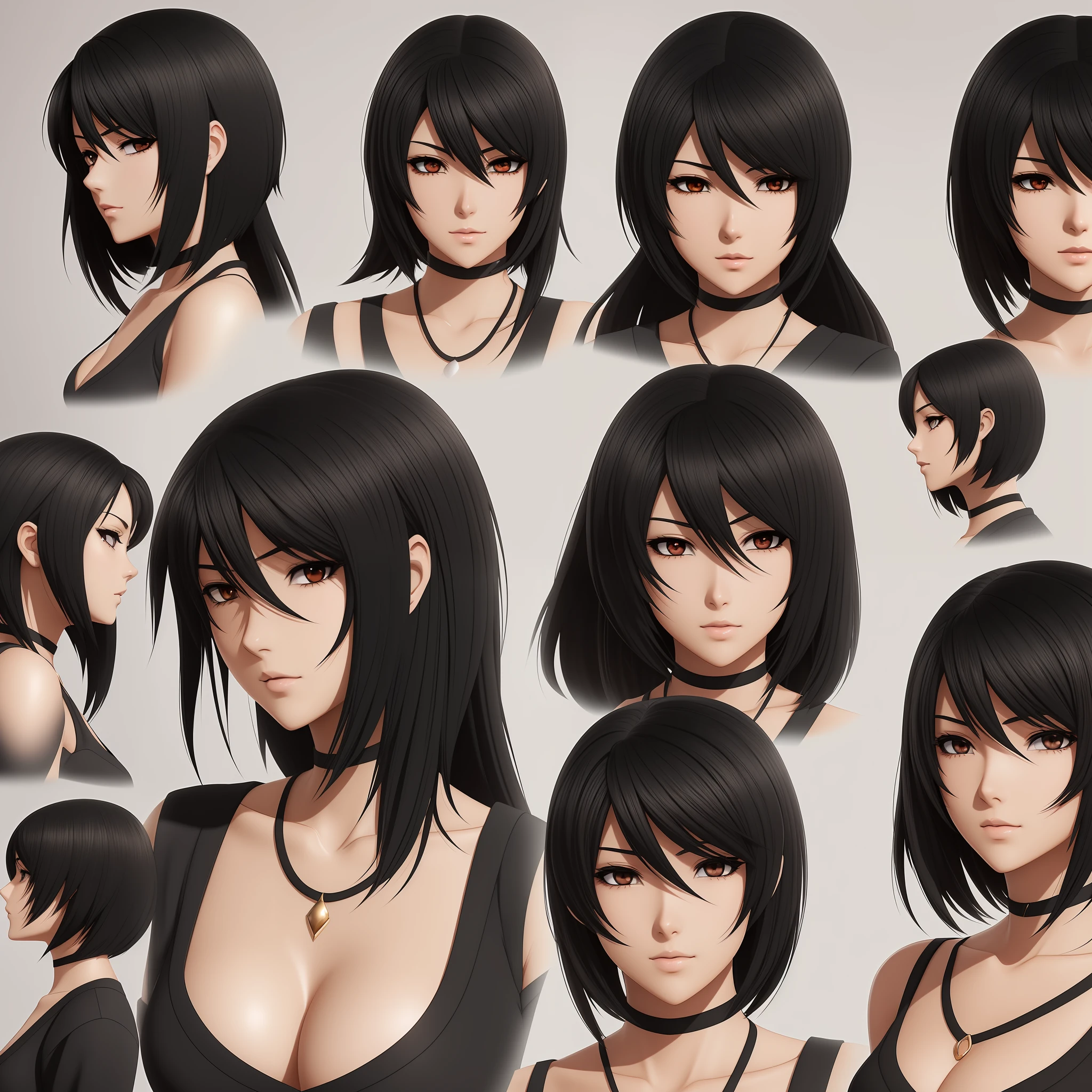 Black-haired woman, anime, character chart, backlighting, high details, HD