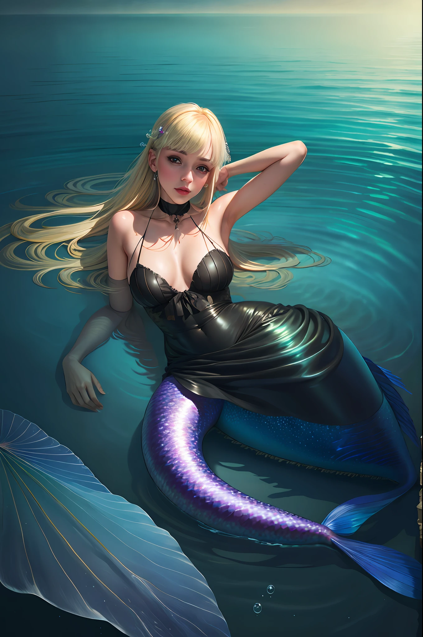 Best quality, masterpiece, ultra high res, (realistic photo: 1.4), surrealism, dreamlike,
1 girl, (MackenzieHyde:0.8), slip dress, fancy art, underwater, bubble,
mermaid, straight blonde hair bangs, black eyes