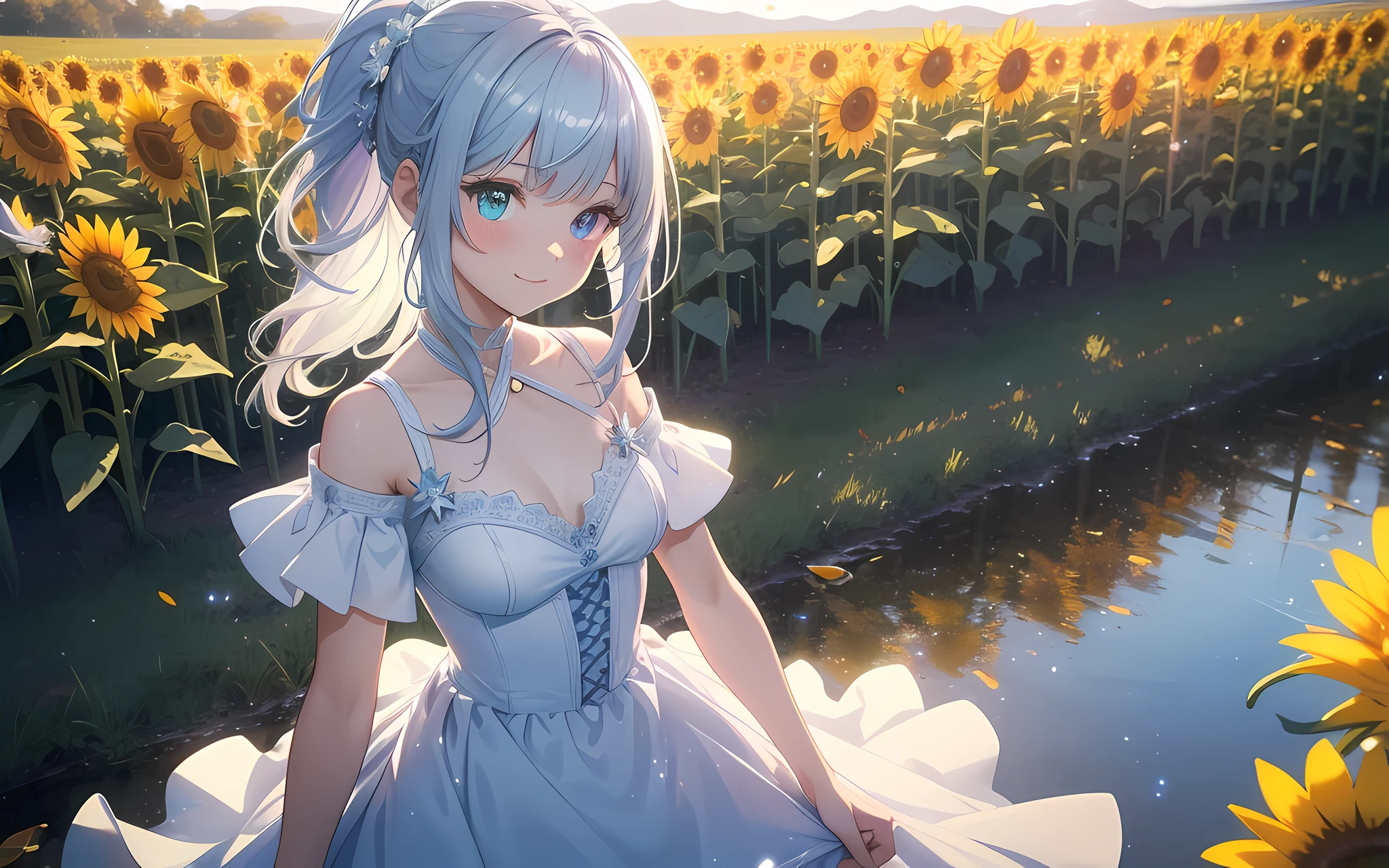 masterpiece, Top Quality, Photorealistic, Ultra Detailed, Delicate, Orderly, High Detail, Bluish-Silver Ponytail, (drooping heterochromia iris:1.3),Children,10 years old, Embarrassing,Smile,Slender,Cowboy shot, Blurred background,(One girl),Game CG,Dynamic Angle,(Bioluminescent hair,Glowing eyes:1.2), ambient occlusion, ambient light, ray-traced reflection, glow, glowing aura, glowing hair, sunflower field, white dress
