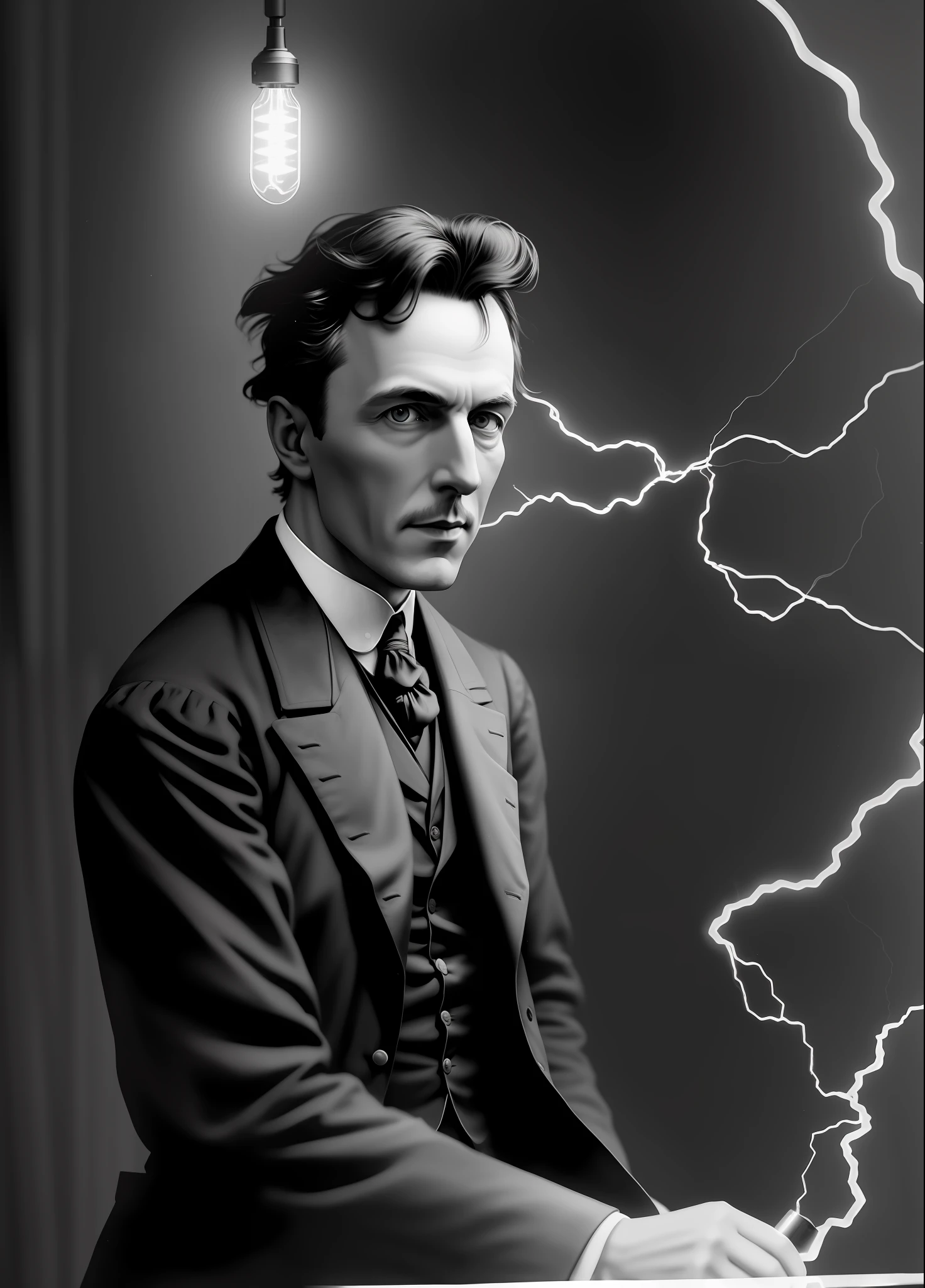 photo of nikolas tesla with a fluorescent lamp and alternating current