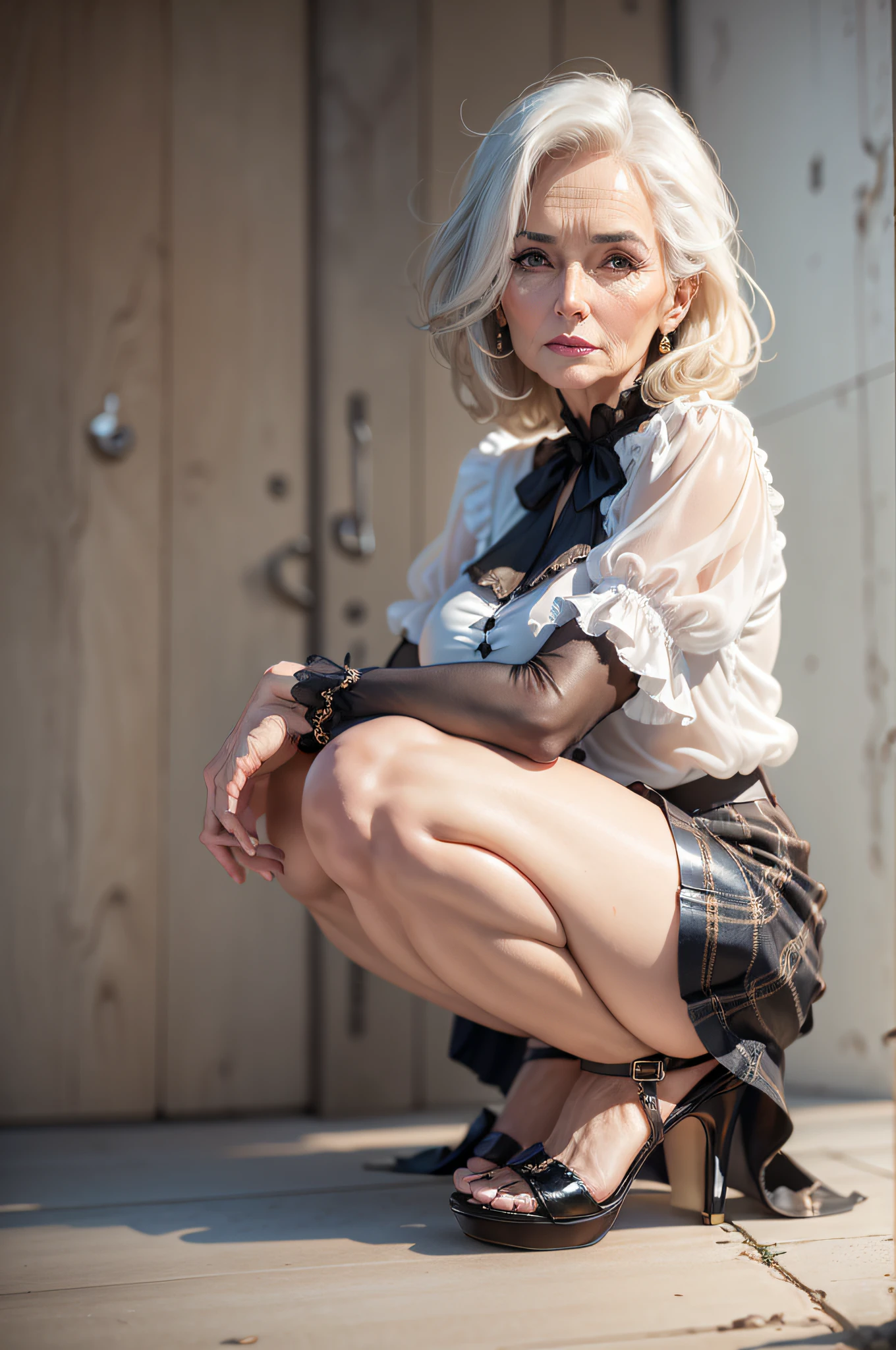 (photorealistic: 1.4), (attractive 60 year old woman: 1.5), detailed, full body, very detailed eyes and face, beautiful detailed eyes, high resolution, ((diving blouse and skirt)),, high heels, showing beautiful thighs, squat position,showing white panties,perfect hands and feet