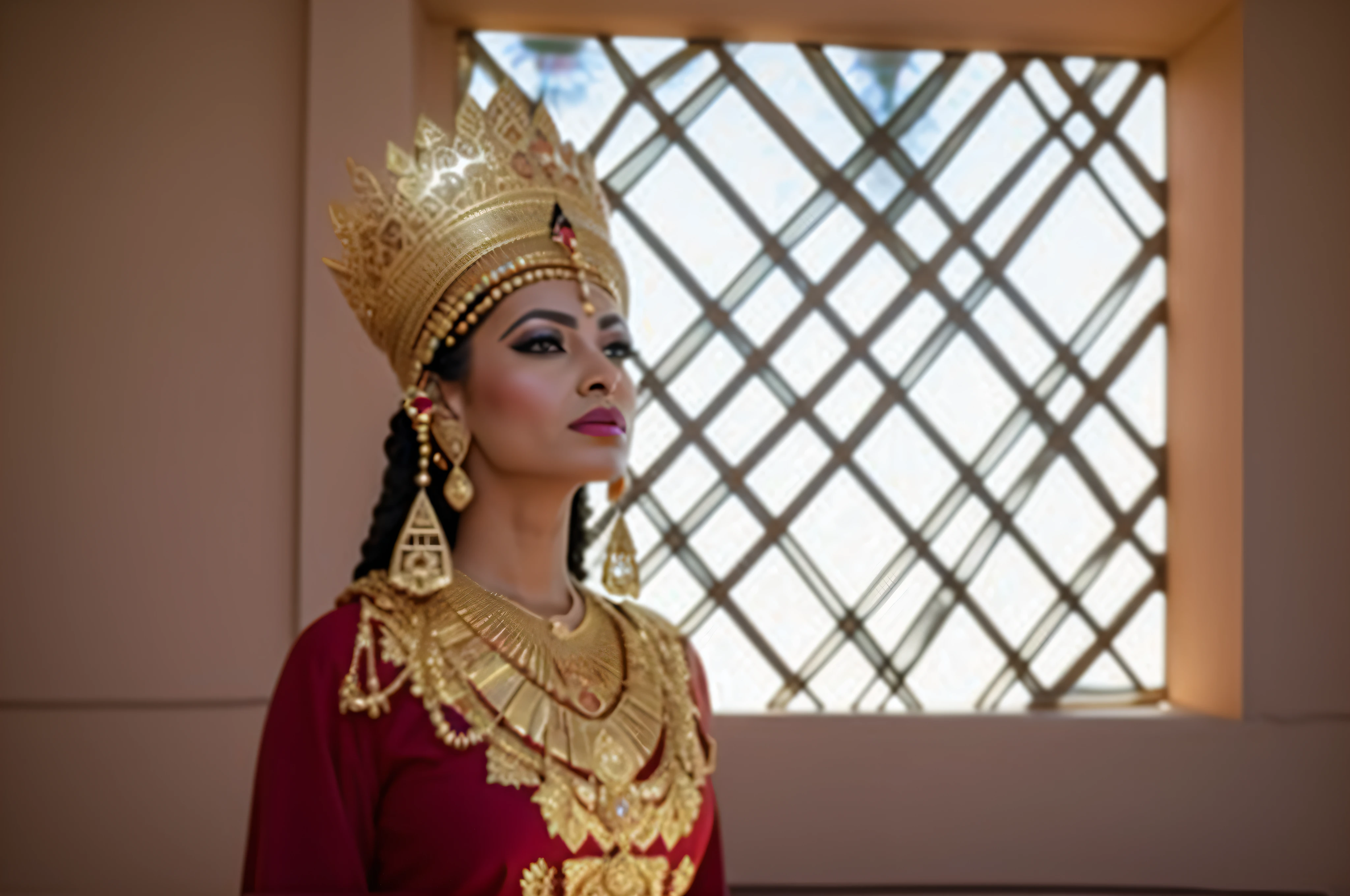 araffe woman in a red dress and gold jewelry standing in front of a window, moroccan queens ny, dressed as a queen, wearing an ornate outfit, wearing an egyptian crown, african queen, ((a beautiful fantasy empress)), bejewelled and encrusted royalty, traditional makeup, ancient libu princess, aztec queen, posing as a queen, aztec empress