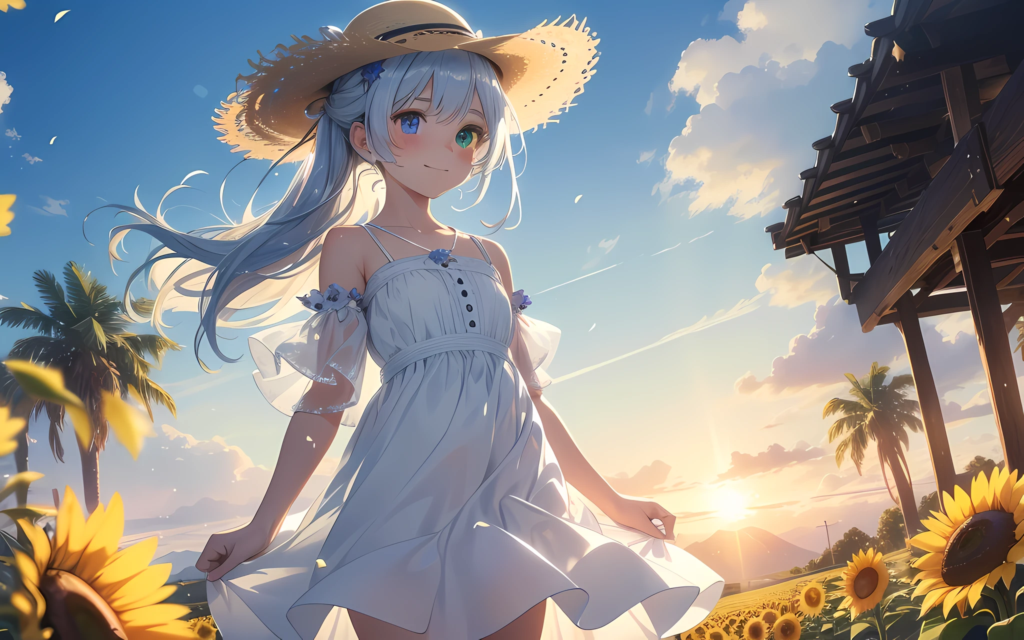 masterpiece, Top Quality, Photorealistic, Ultra Detailed, Delicate, Orderly, High Detail, Bluish-Silver Ponytail, (drooping heterochromia iris:1.3),Children,10 years old, Embarrassing,Smile,Slender,Cowboy shot, Blurred background,(One girl),Game CG,Dynamic Angle,(Bioluminescent hair,Glowing eyes:1.2), ambient occlusion, ambient light, ray-traced reflection, glow, glowing aura, glowing hair, sunflower field, white dress, straw hat, fluttering petals, wind,