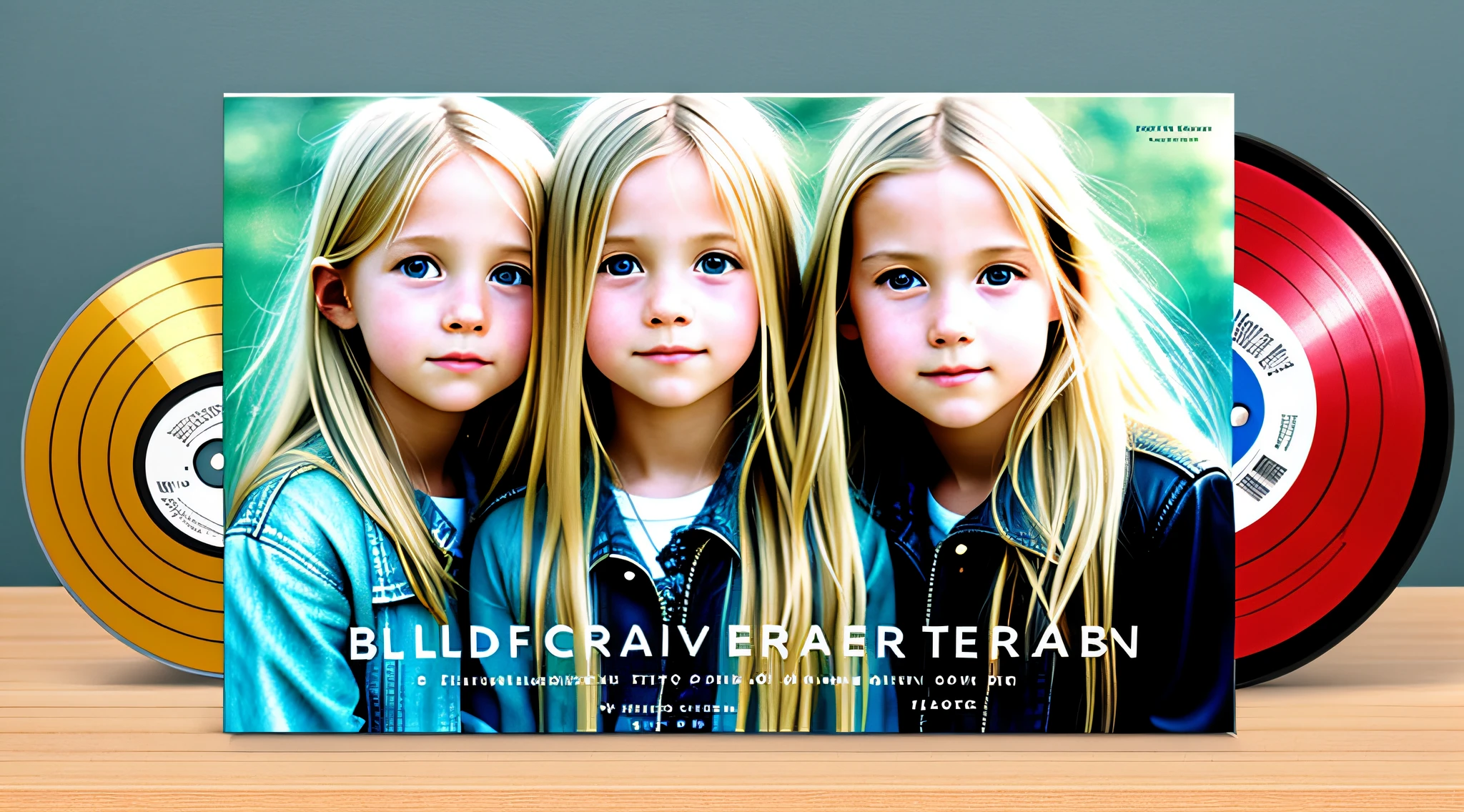 3 BLONDE GIRLS LONG HAIR CHILDREN IN LEATHER JACKET, A closeup of a CD and a CD box on a table, Packshot, CDs, CD Jacket, DVD Package, Medium Close Shot, Detailed Product Image, Medium Wide Shot, Medium Closeup, Close Medium Shot, New Boards of Canada album cover, soft vinyl, round format, Boards of Canada album cover, BLU - Ray Transfer 5 K, Fujifilm"