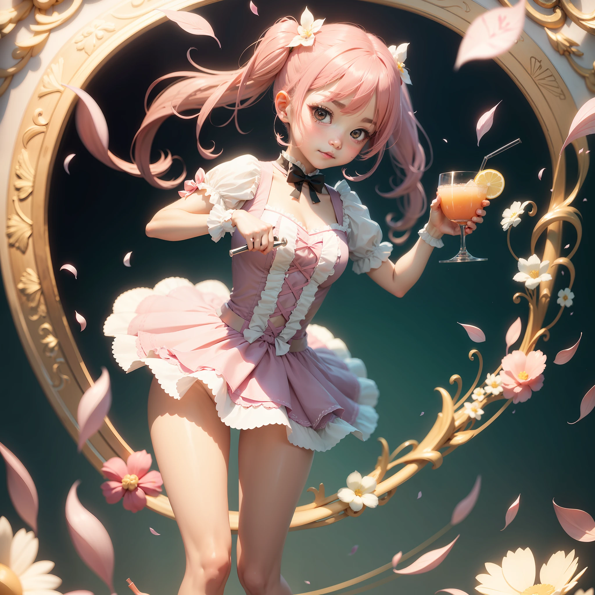 A kawaii girl is pouring a cocktail with a flourish, petals dancing around her as she creates a unique drink.