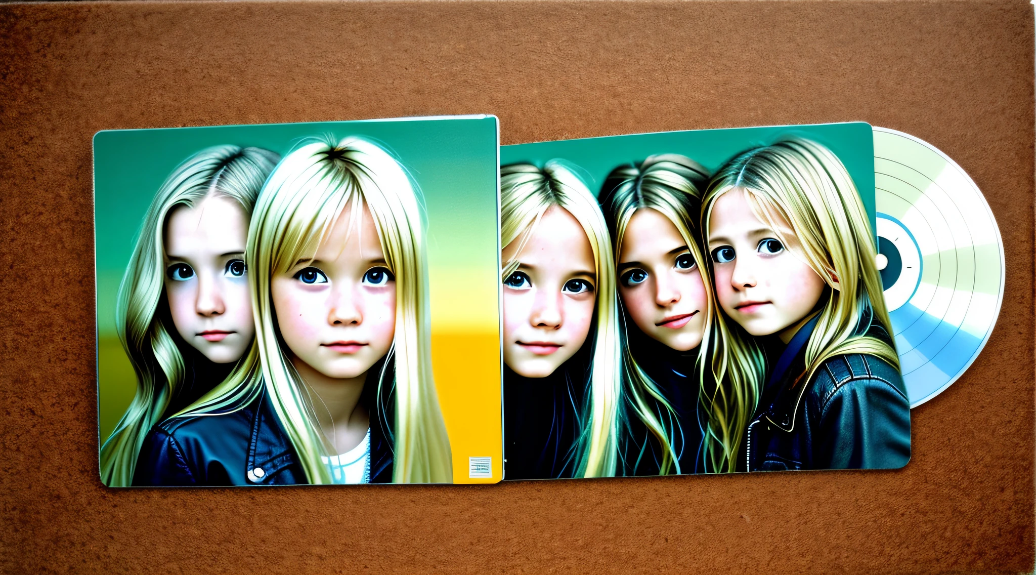 3 BLONDE GIRLS LONG HAIR CHILDREN IN LEATHER JACKET, A closeup of a CD and a CD box on a table, Packshot, CDs, CD Jacket, DVD Package, Medium Close Shot, Detailed Product Image, Medium Wide Shot, Medium Closeup, Close Medium Shot, New Boards of Canada album cover, soft vinyl, round format, Boards of Canada album cover, BLU - Ray Transfer 5 K, Fujifilm"