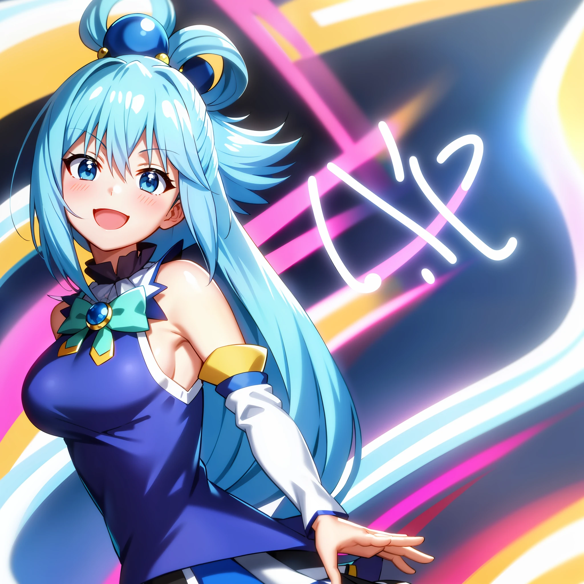 ,anime screenshot,anime coloring, close portrait,
1girl, long hair, solo, open mouth, smile, upper body, head tilt, blue hair, blue eyes, separate sleeves, outdoor, hair ornament, bare shoulders, single hair ring, green bow, looking at the viewer, blue shirt,