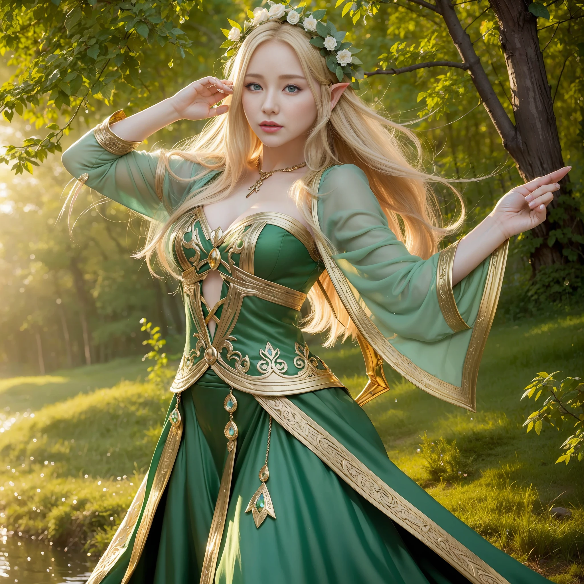 ((Elf + Fantasy): 1.2 + Fantastic),(High Definition + High Quality+Realistic: 1.2+High Texture: 1.2),(Golden Hair: 1.3+Fair Skin: 1.2),(Mysterious: 1.2),Forest,Sunset Light,Water Drops,Dancing in the Wind,Delicate Texture of Clothing,Eyes Shine, Bust