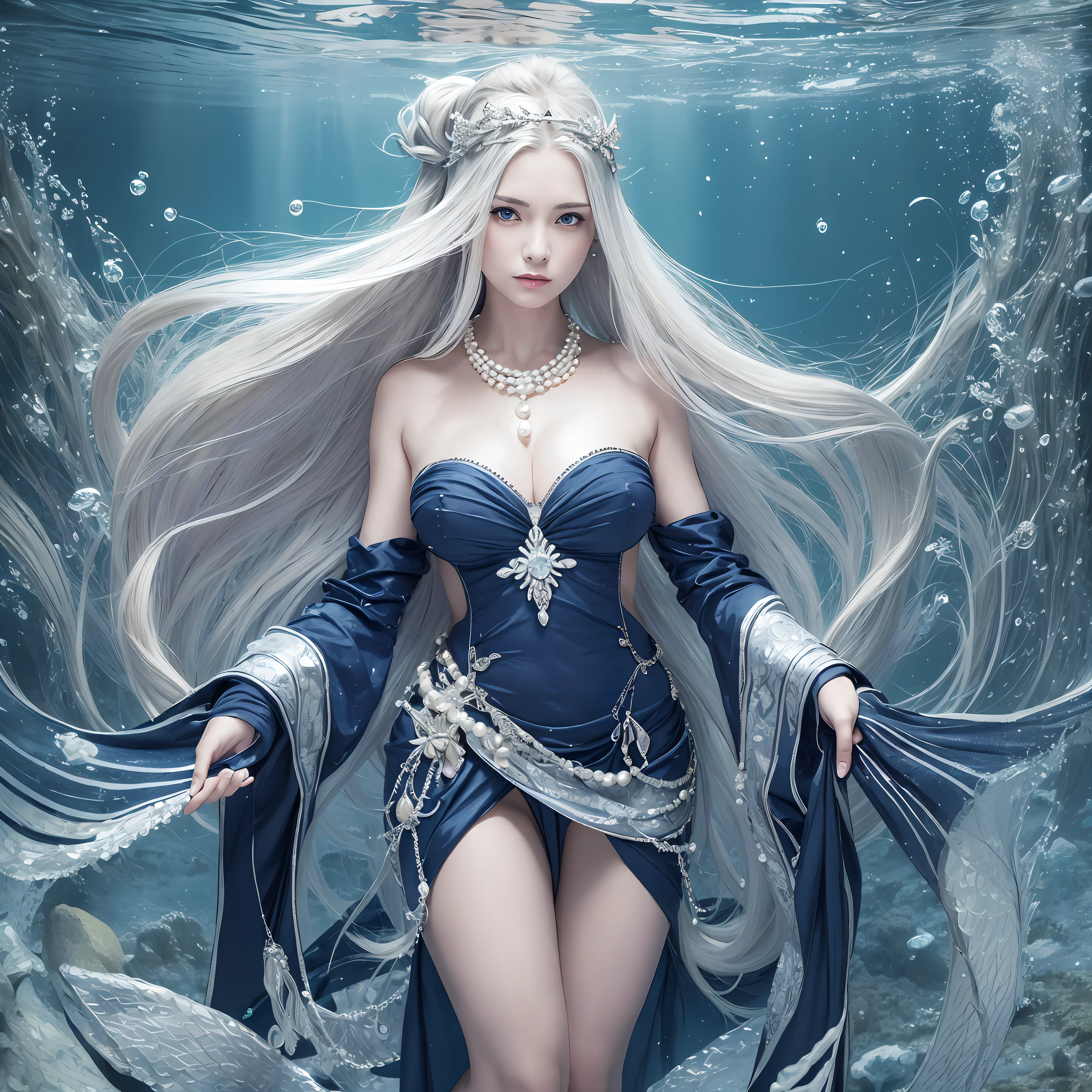 Masterpiece, Old, female, long Silver hair, mermaid headband and pearl necklace, Slanted eyes, blue navy sexy open dress, Standing Underwater city, serious expression, with a sharp gaze, full body