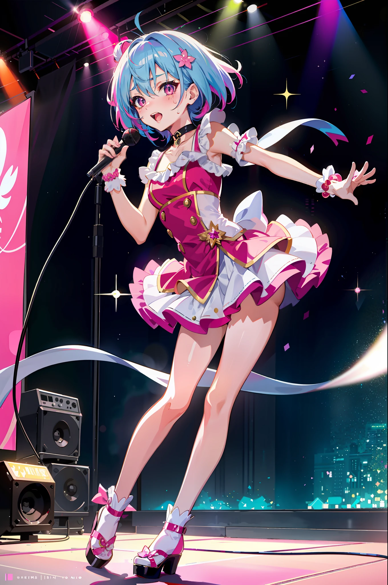 best quality, single girl, spotlight, live, colorful hair, cute, anime, sheer white skin, asian girl, full body, sensual, gentle eyes, seductive, shy face, 14 years old, idol clothes based on white and pink, choker, singing waiting for microphone, shiny sweat